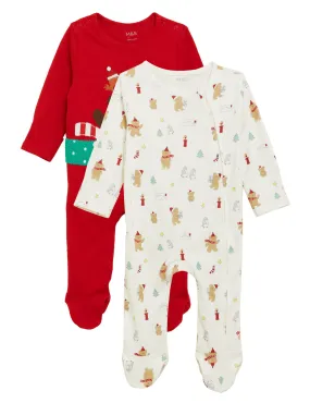 2pk Pure Cotton Christmas Sleepsuits