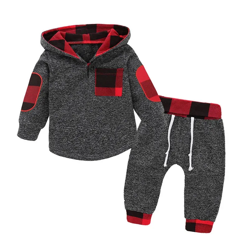 Baby Boys Spring Casual Plaid Hoodies Set