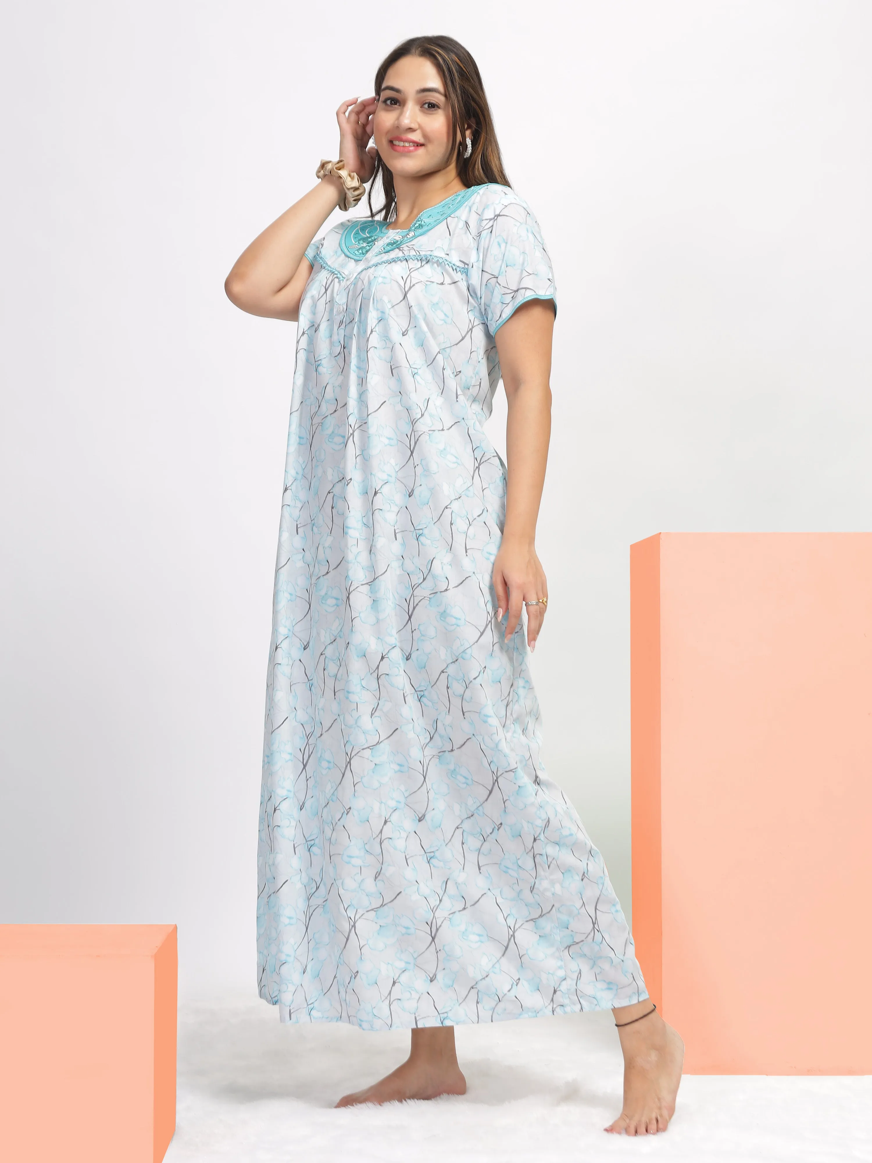 Blue Embroidered Nighty: Elegance in Every Stitch