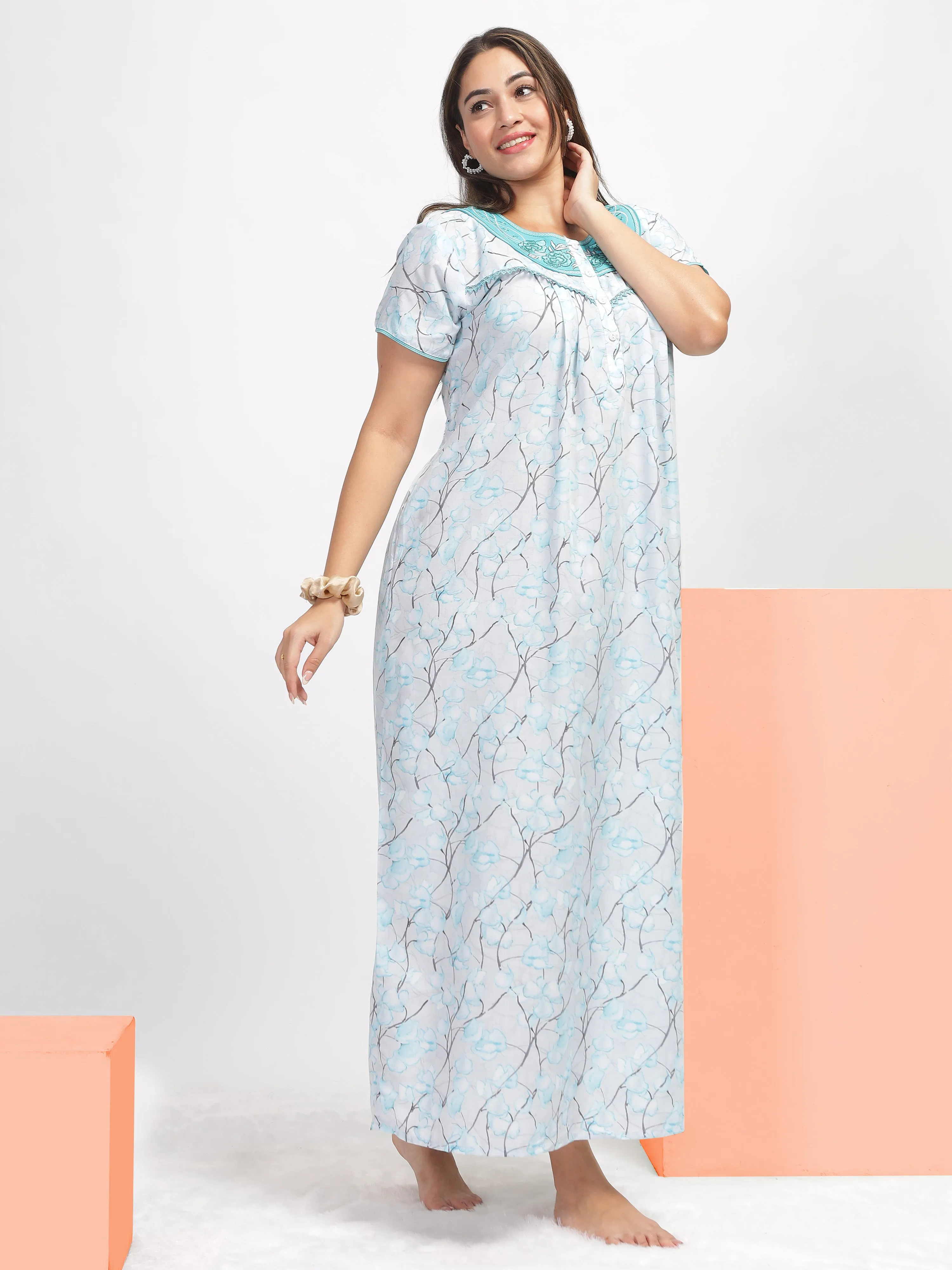 Blue Embroidered Nighty: Elegance in Every Stitch