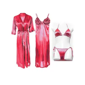 Bridal Long Nighty 4 Pc Bridal Long Night Dress Maroon Color Nightwear for Women