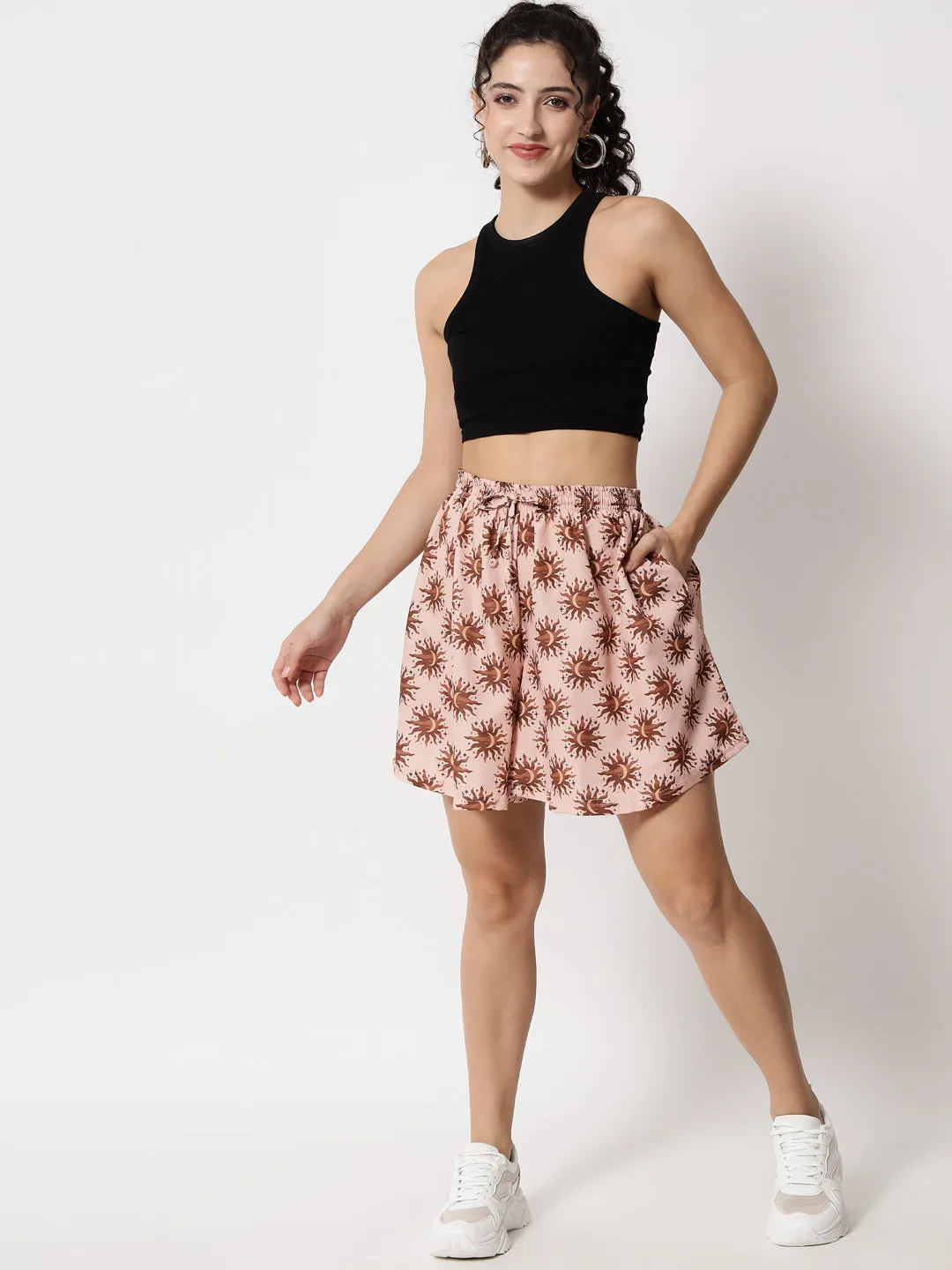 Brown Printed Skirt Shorts