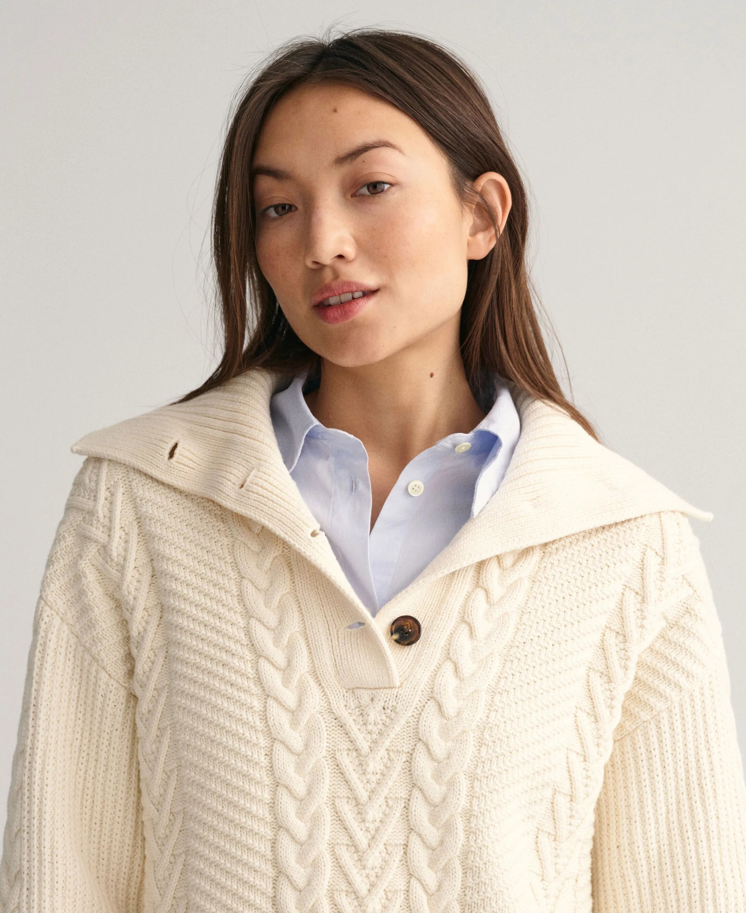 Cable Buttoned Roll Neck Jumper - Cream