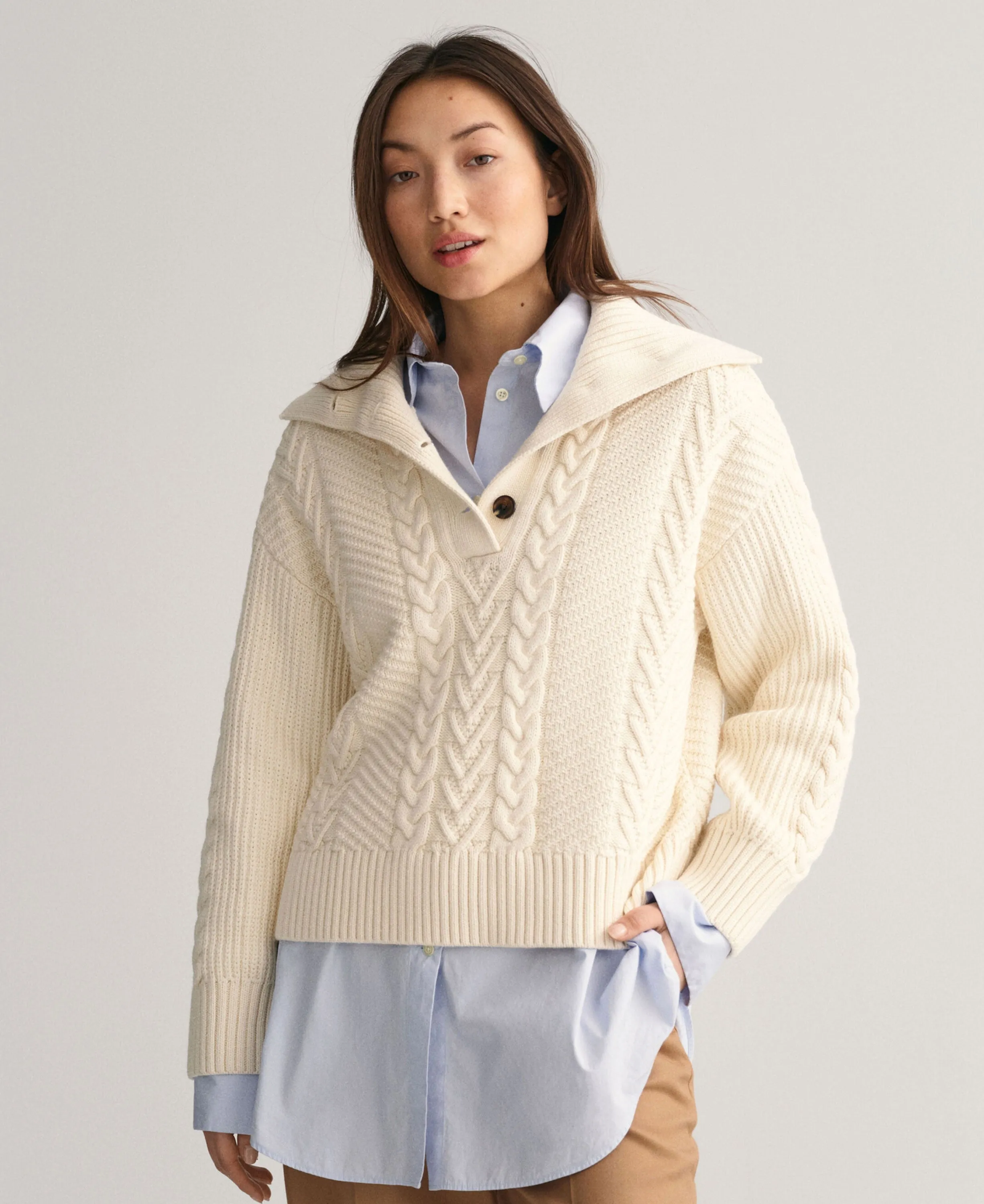 Cable Buttoned Roll Neck Jumper - Cream