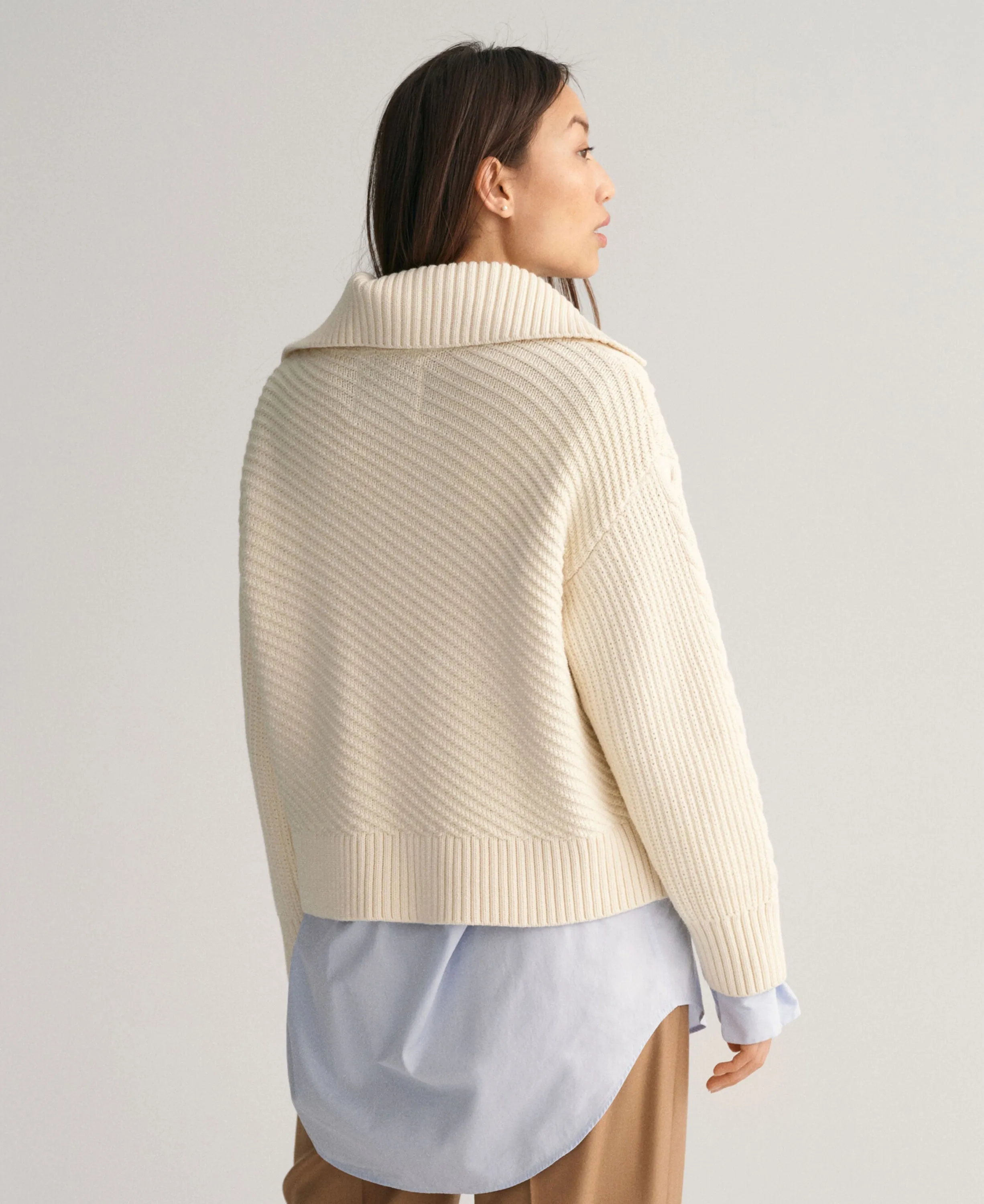 Cable Buttoned Roll Neck Jumper - Cream