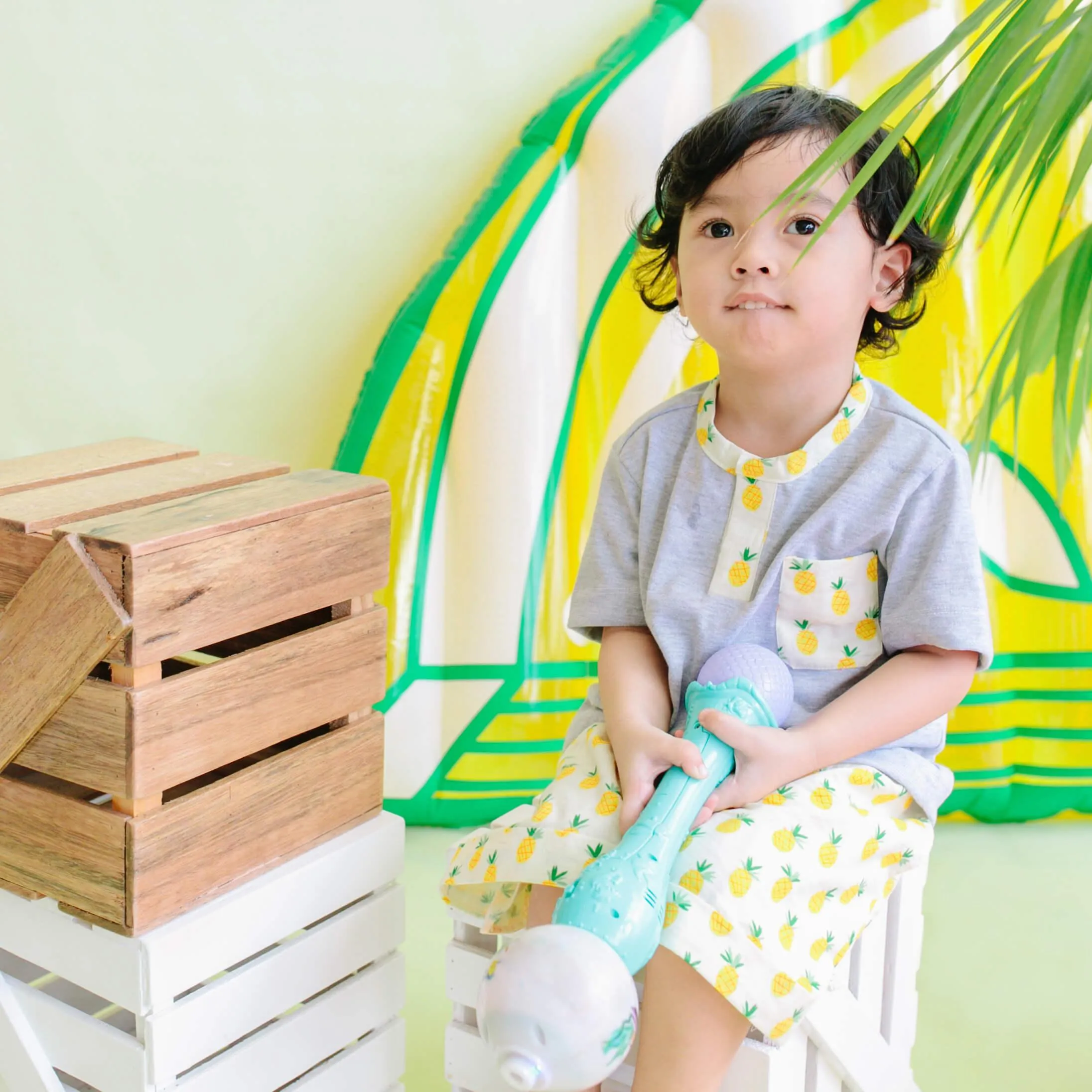 Caper Top & Shorts in Banana Leaves Print and White Stretch