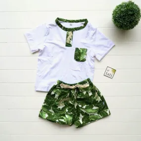 Caper Top & Shorts in Banana Leaves Print and White Stretch