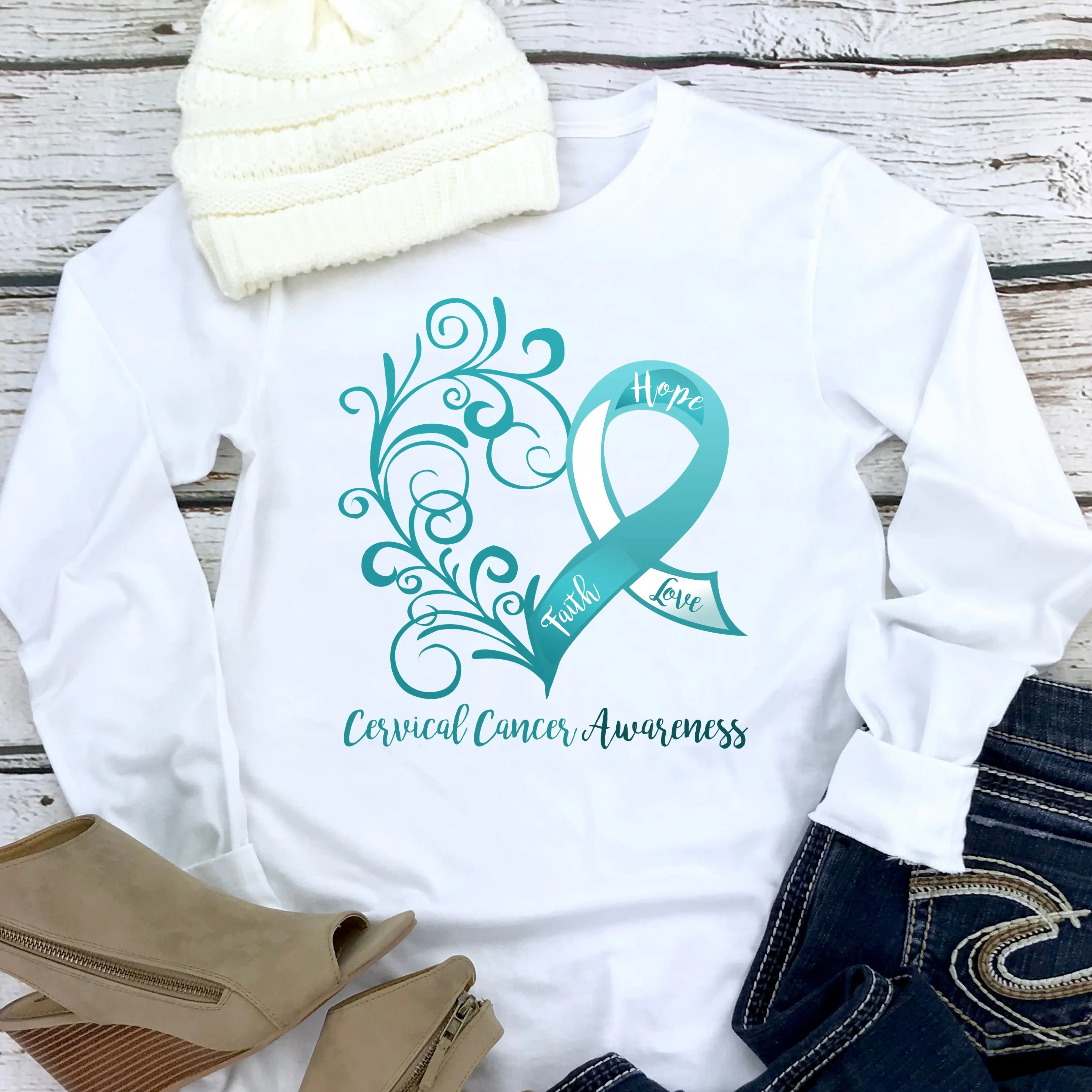 Cervical Cancer Awareness Heart Long Sleeve Tee