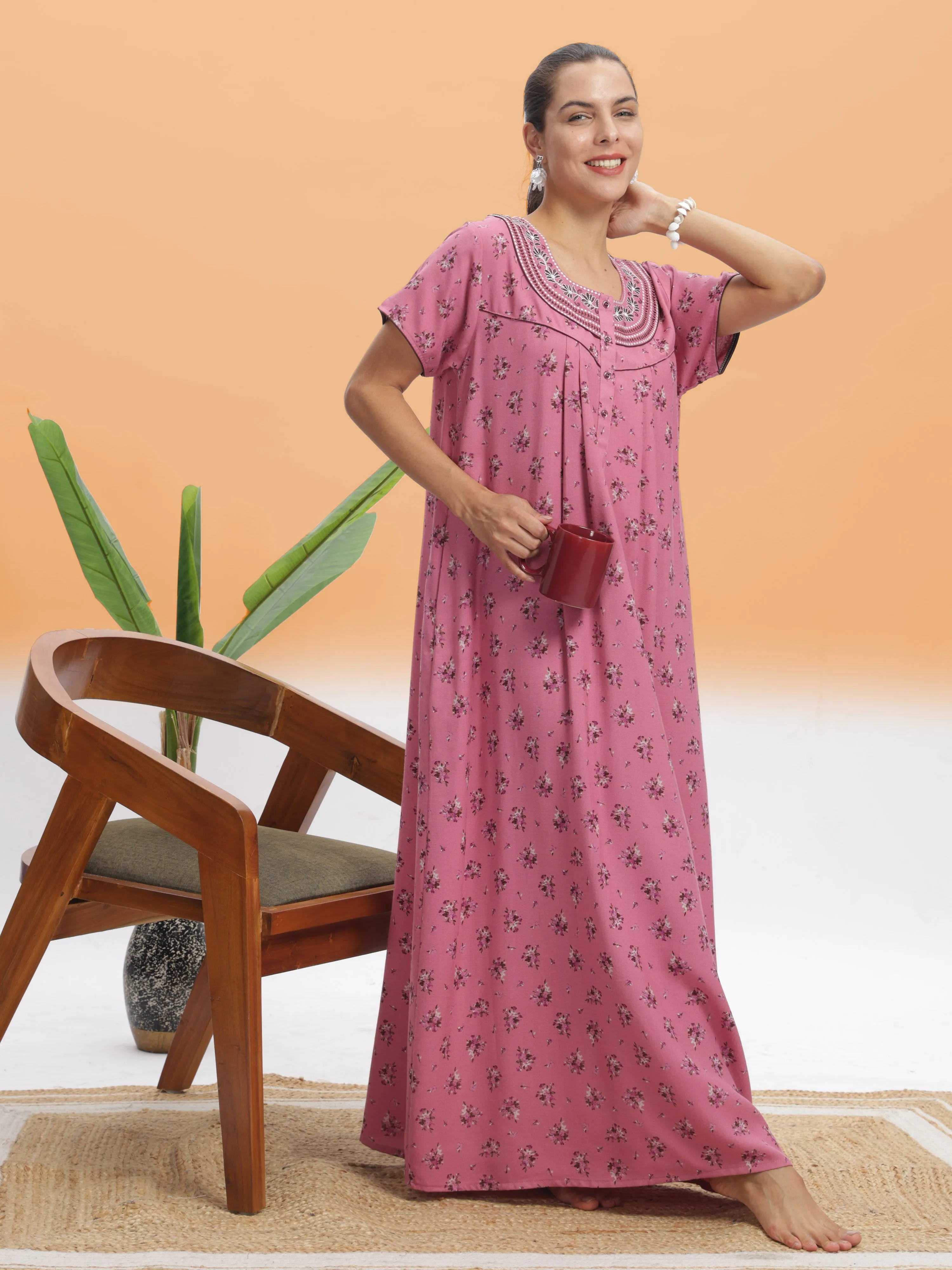 Chic Pink Blossom Alpine Maxi Nighty - Floral Print Designer Nightdress