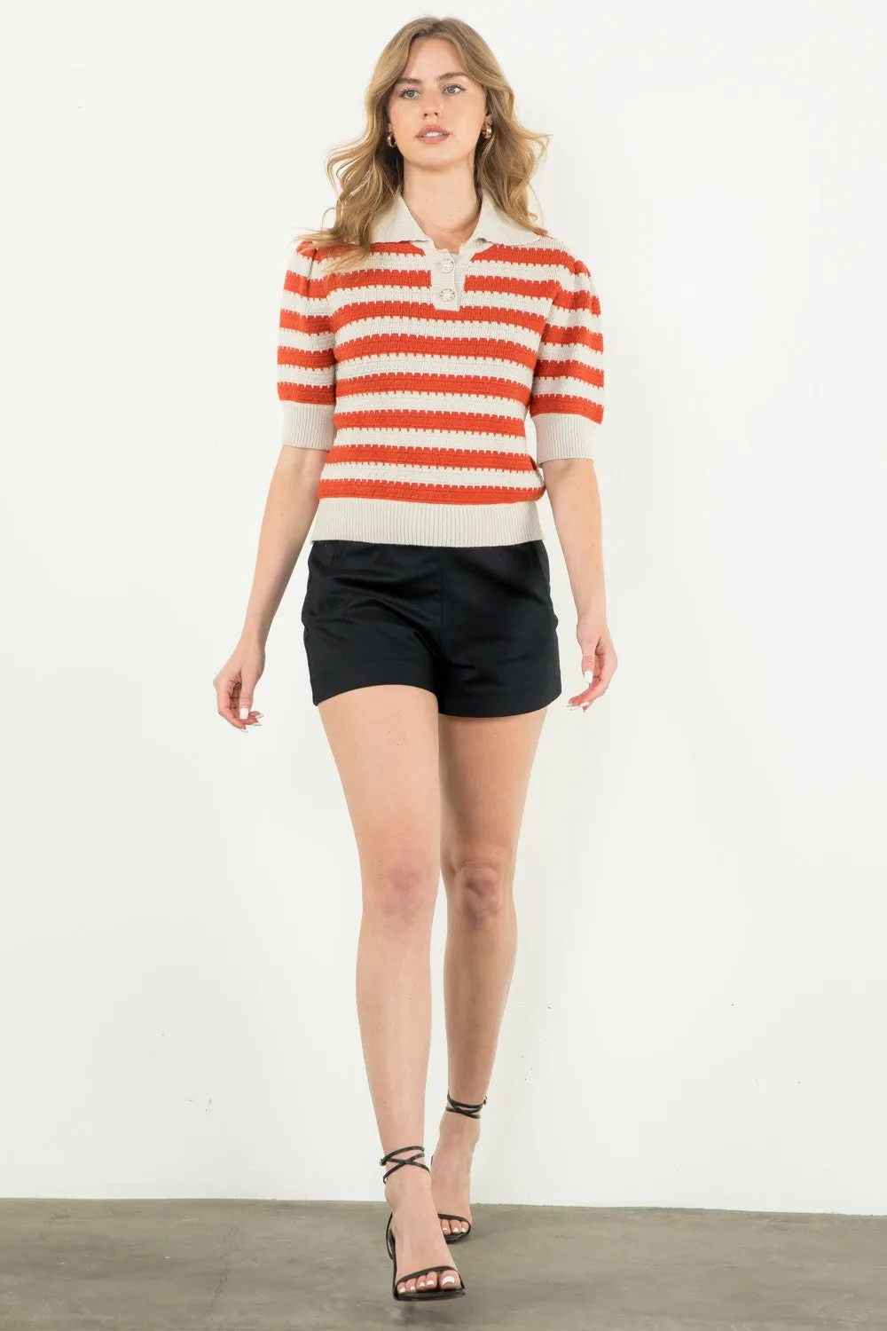 Collared Striped Knit Top