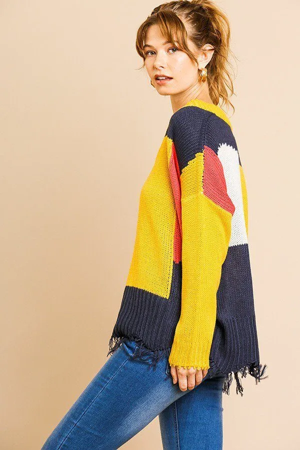 Color Blocked Long Sleeve V-neck Knit Pullover Sweater