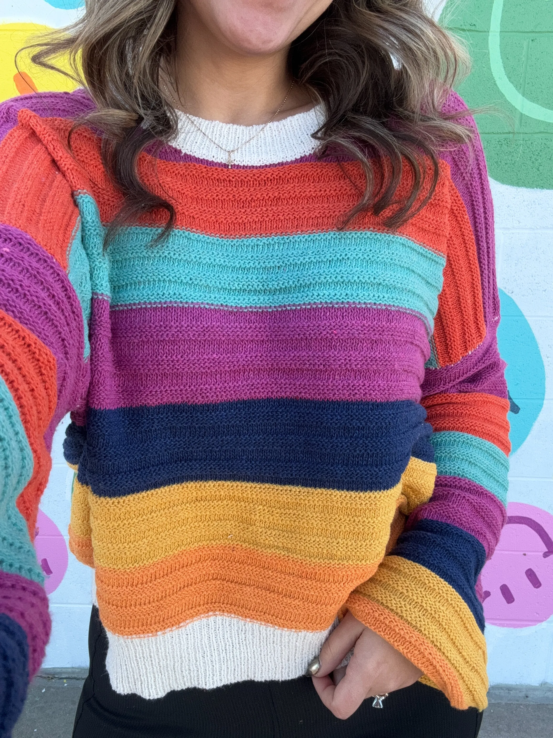 Cozy Mutli Color Stripe Bubble Sleeve Sweater