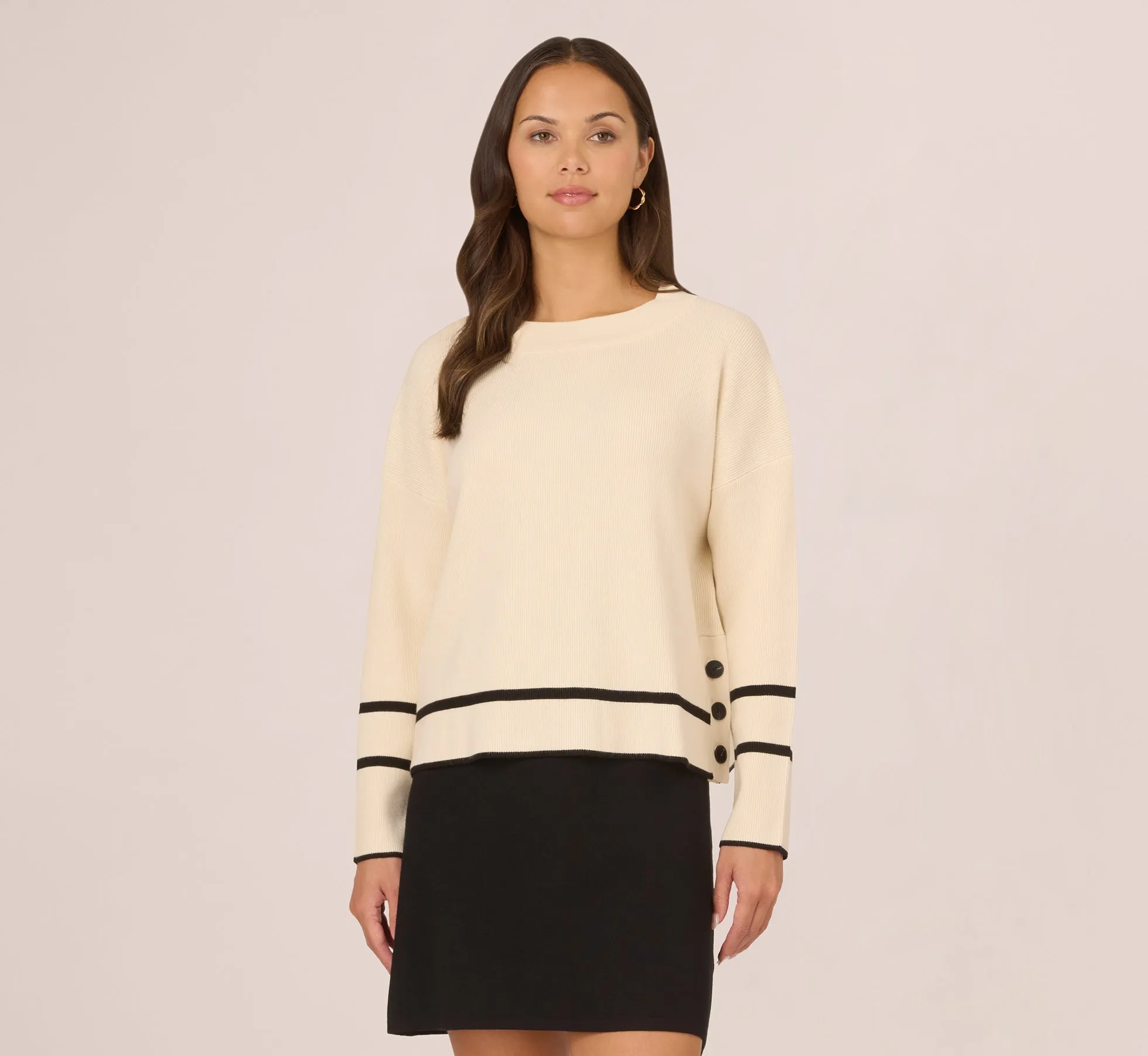 Crew Neck Pullover Sweater With Tipped Details In Cream Black