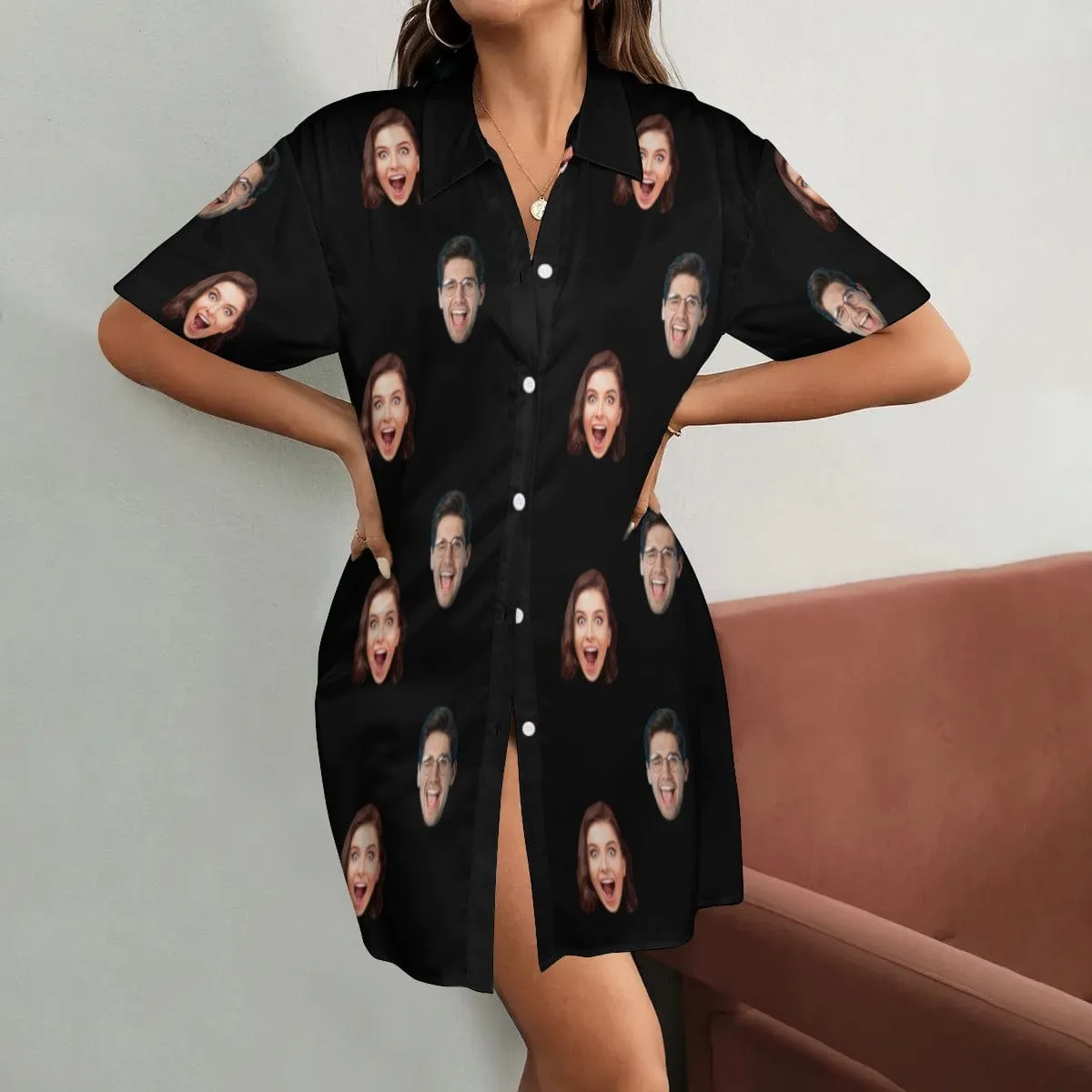 Custom Face Solid Color Satin Silk Nightshirt Button Down Pajama Dress