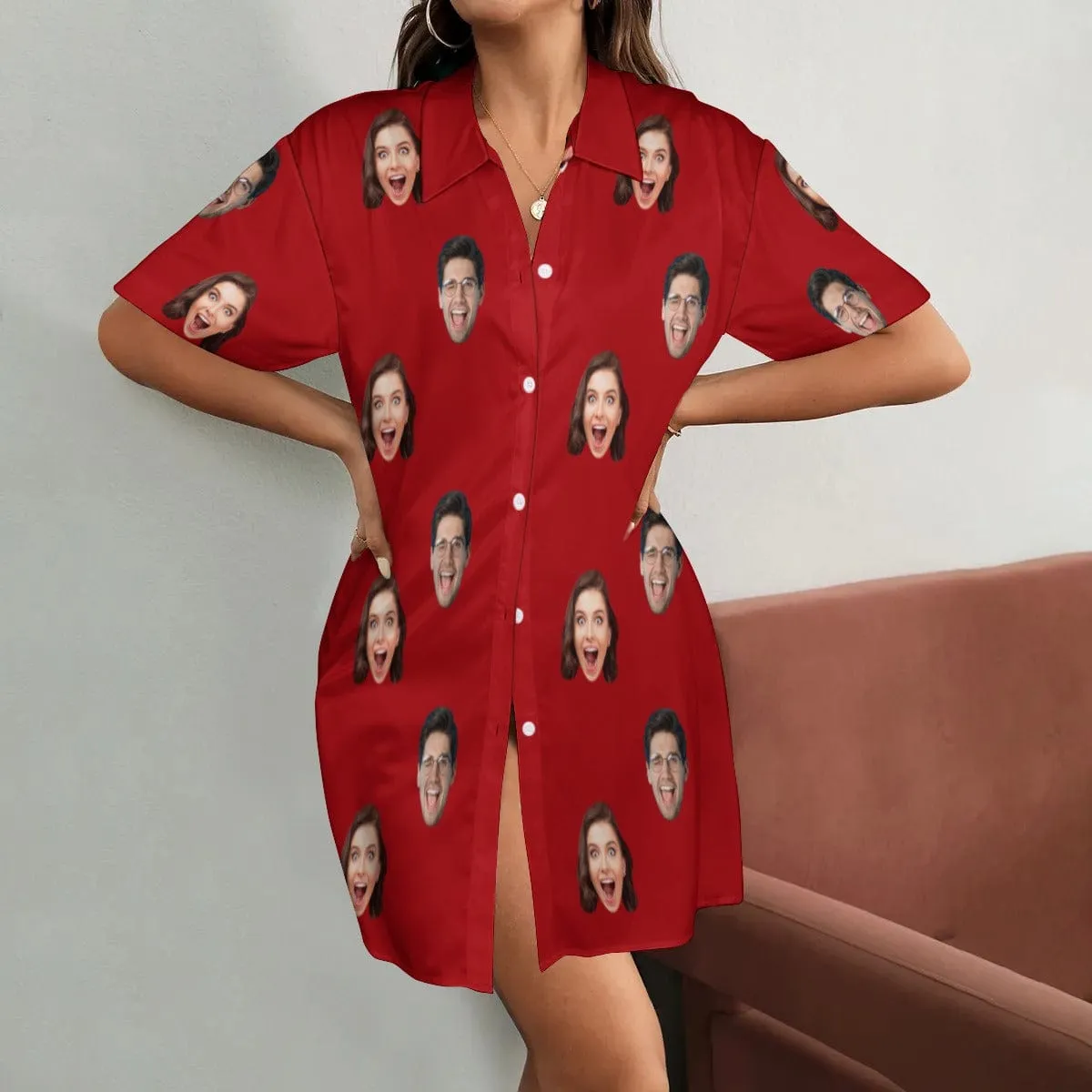 Custom Face Solid Color Satin Silk Nightshirt Button Down Pajama Dress