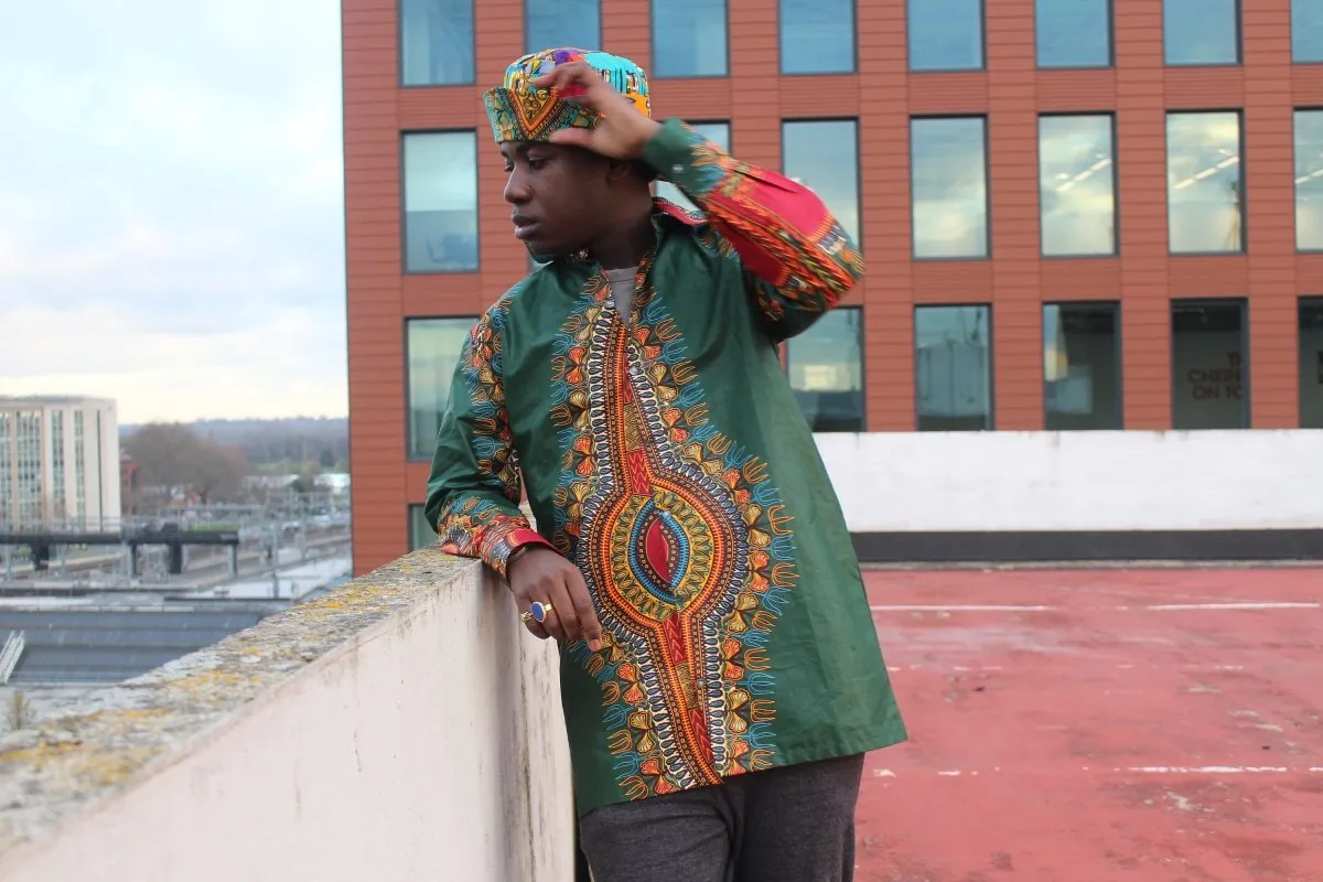 Dashiki Shirt in Green Print - Festival Clothing