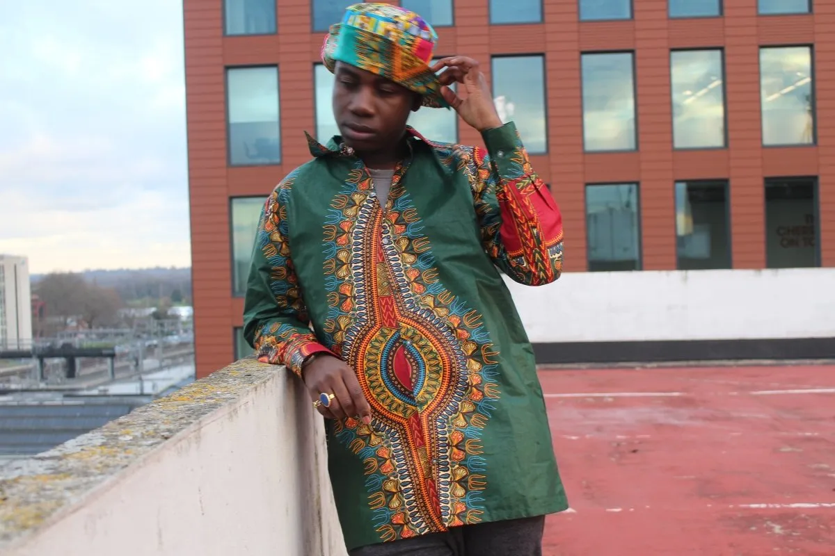 Dashiki Shirt in Green Print - Festival Clothing