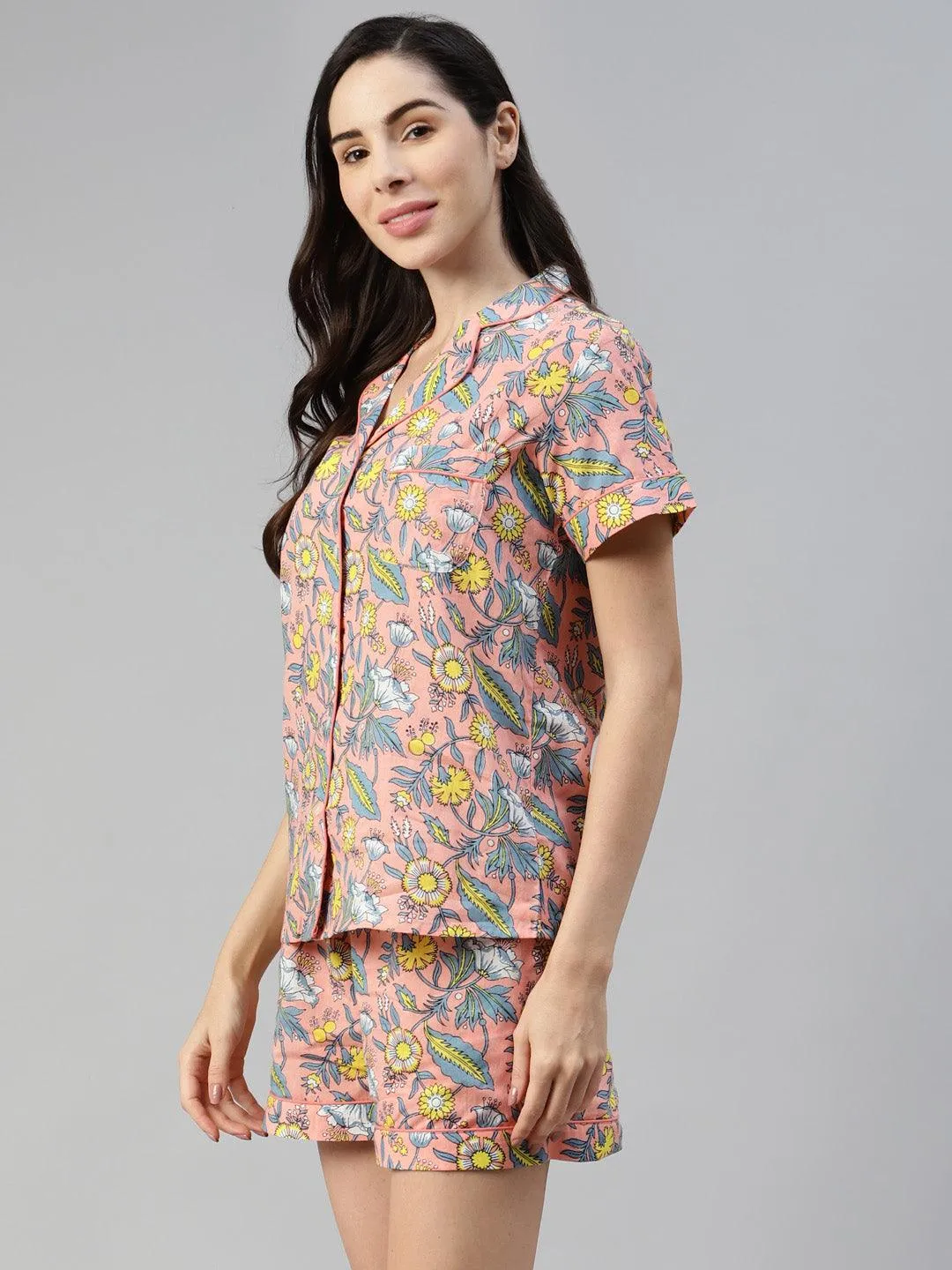 Divena  Peach Cotton Floral Print Night Suit