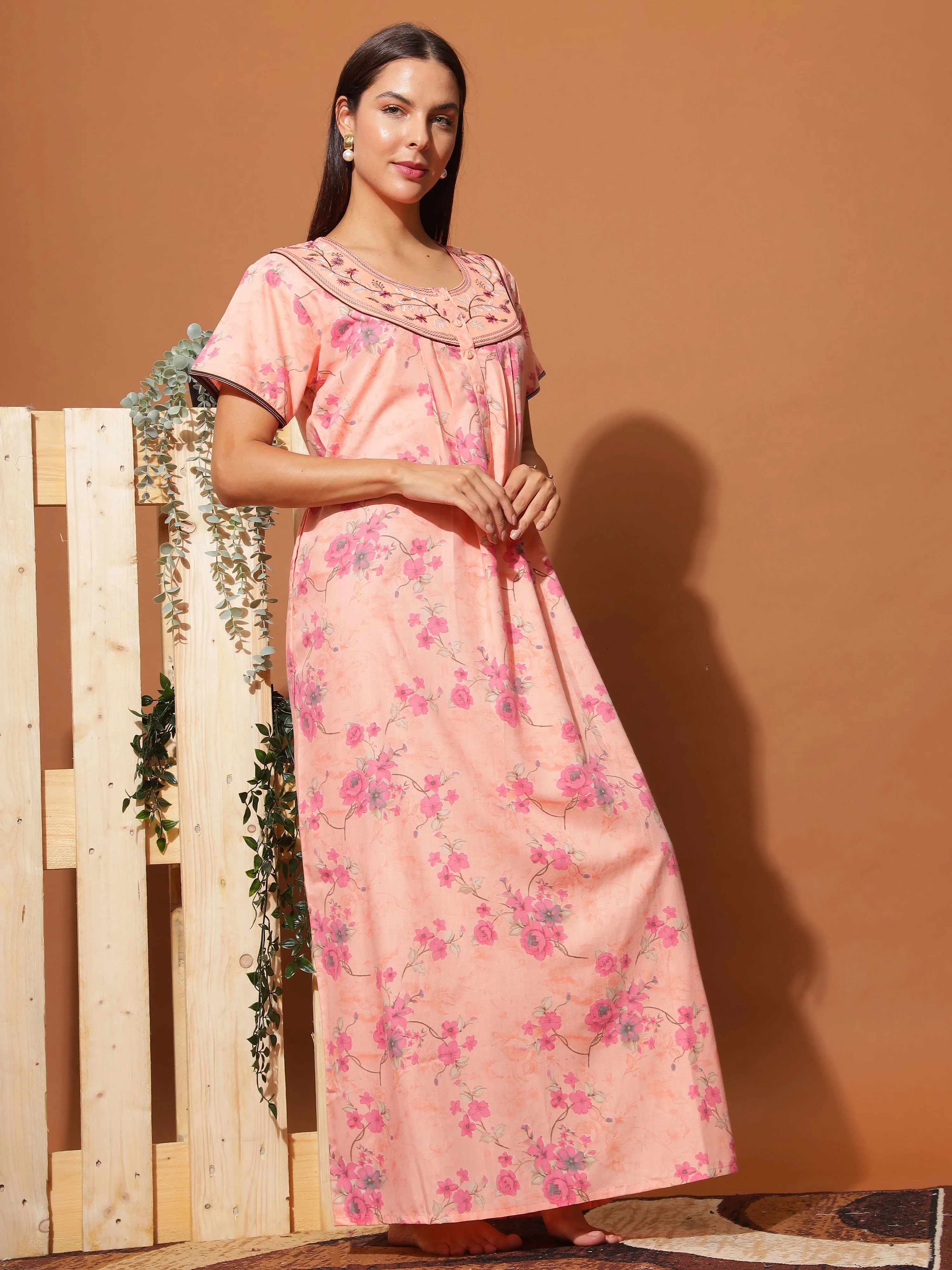 Elegant Peach Pink Floral Maxi Nighty with Front Buttons & Pocket