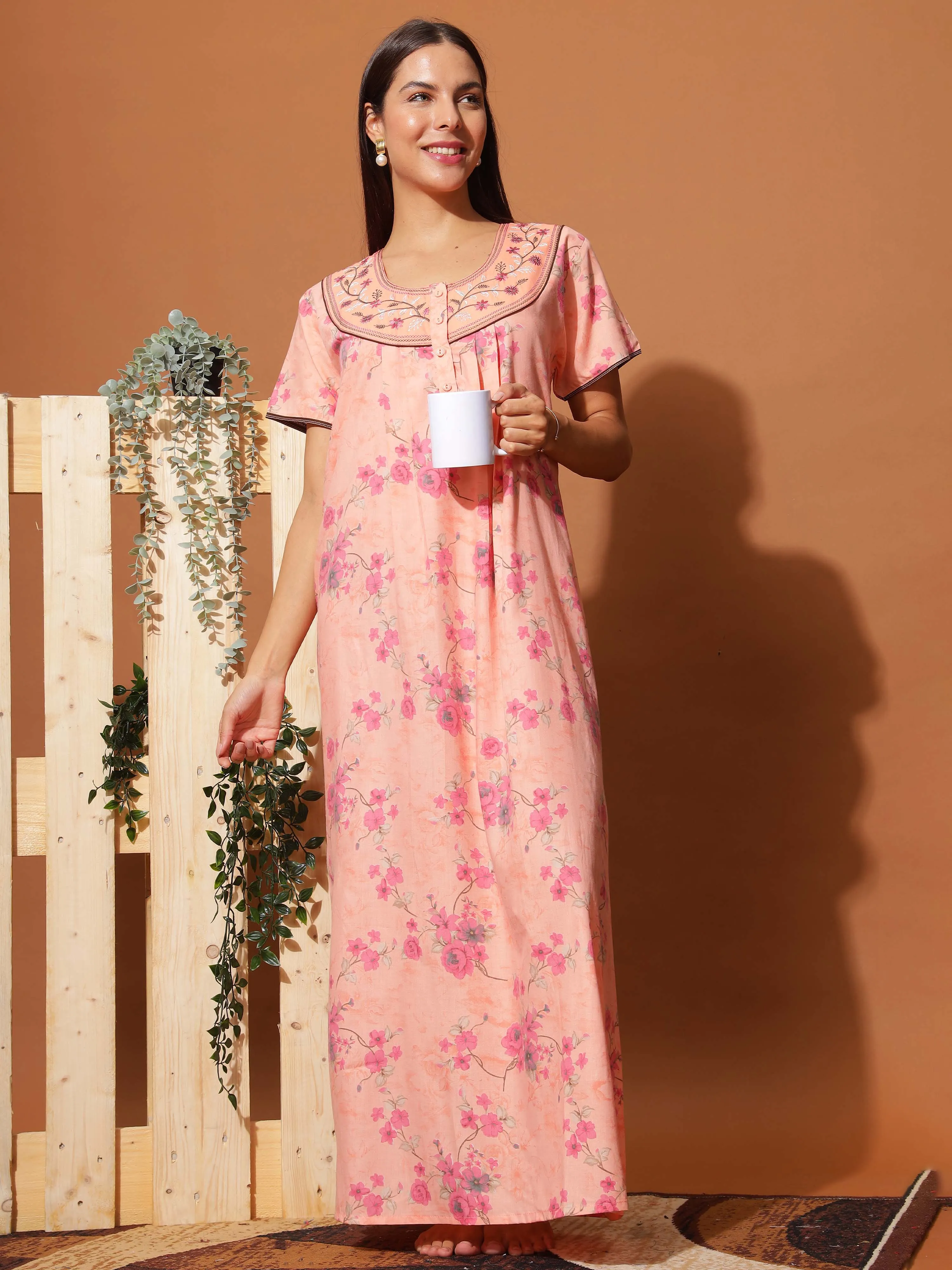 Elegant Peach Pink Floral Maxi Nighty with Front Buttons & Pocket