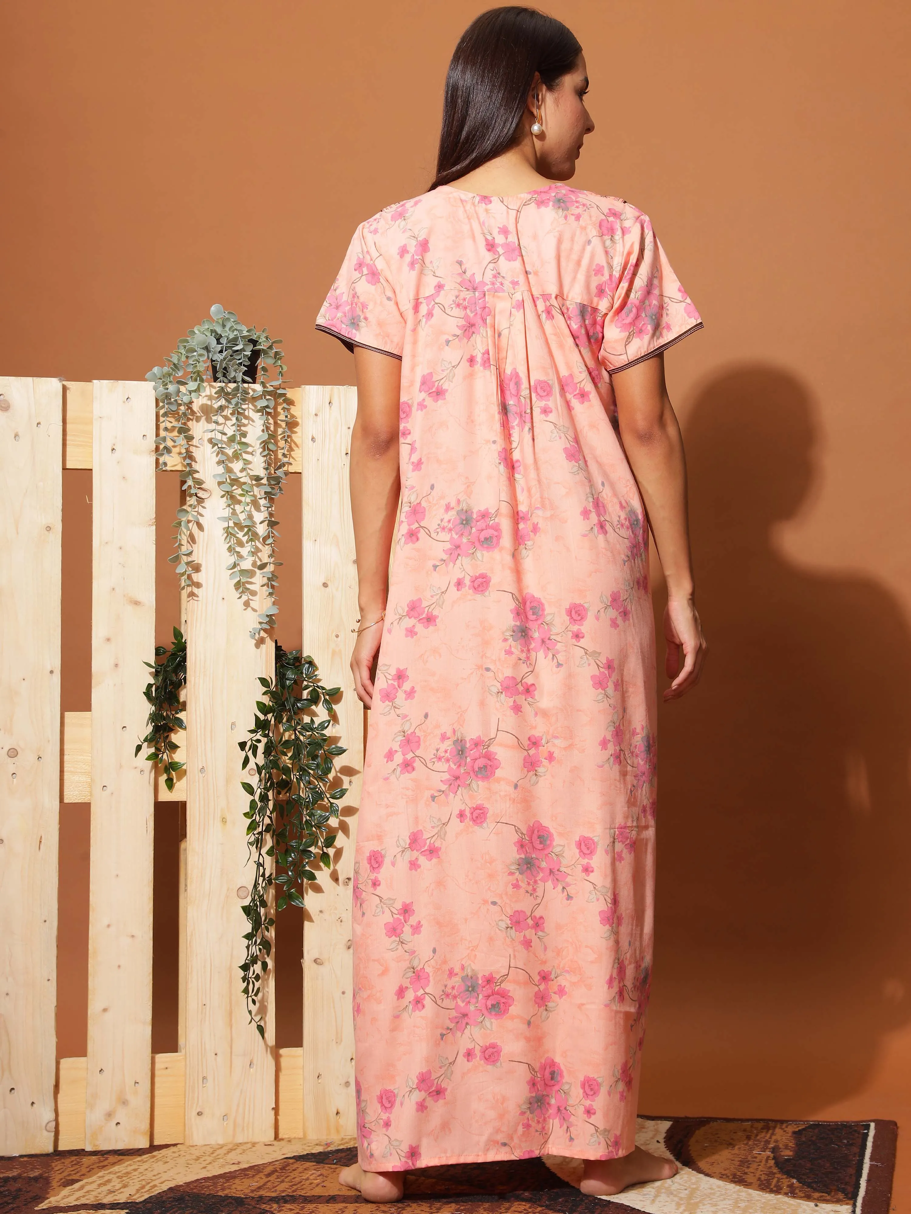 Elegant Peach Pink Floral Maxi Nighty with Front Buttons & Pocket