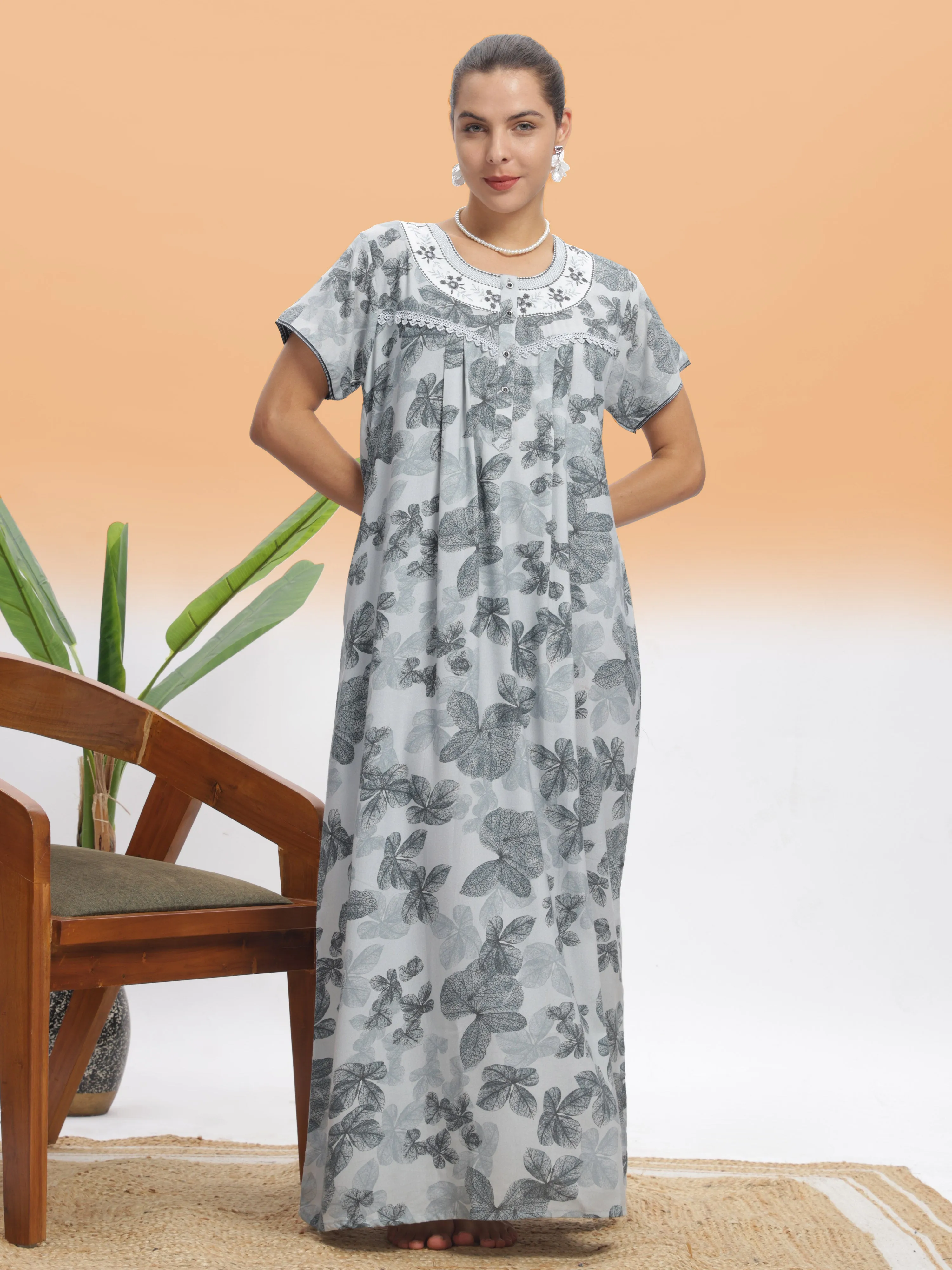 Elegant Silver Leaf Alpine Maxi Nighty - Luxury Nightwear