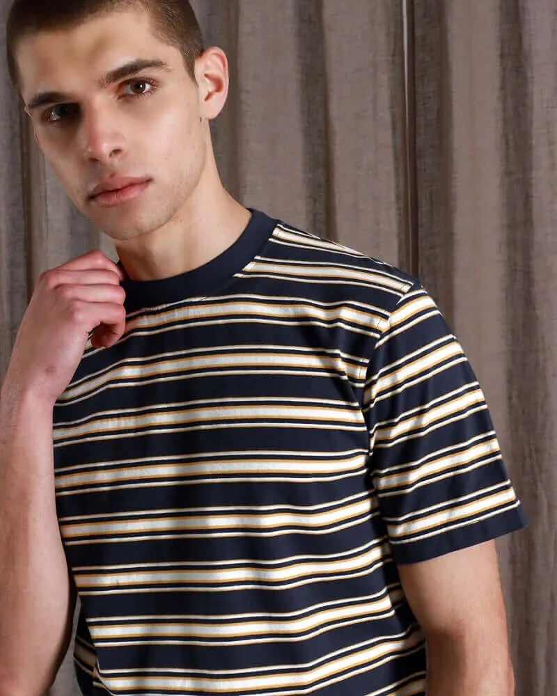 Far Afield Crew Neck T Shirt Brighton Stripe Navy Iris