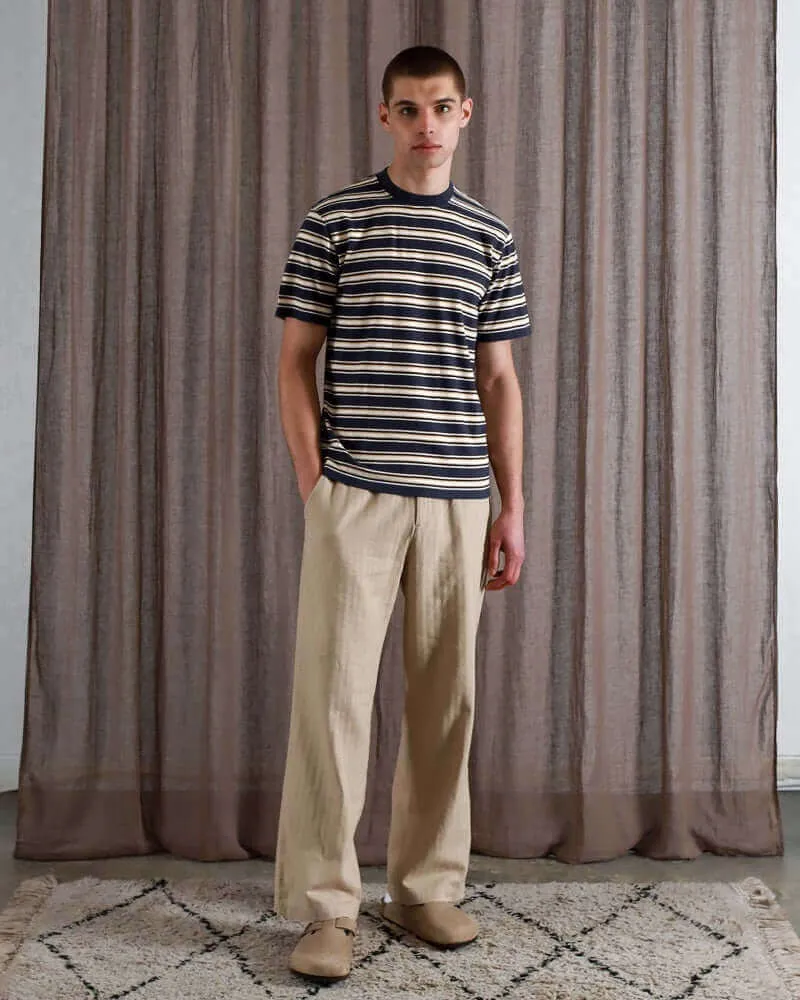 Far Afield Crew Neck T Shirt Brighton Stripe Navy Iris