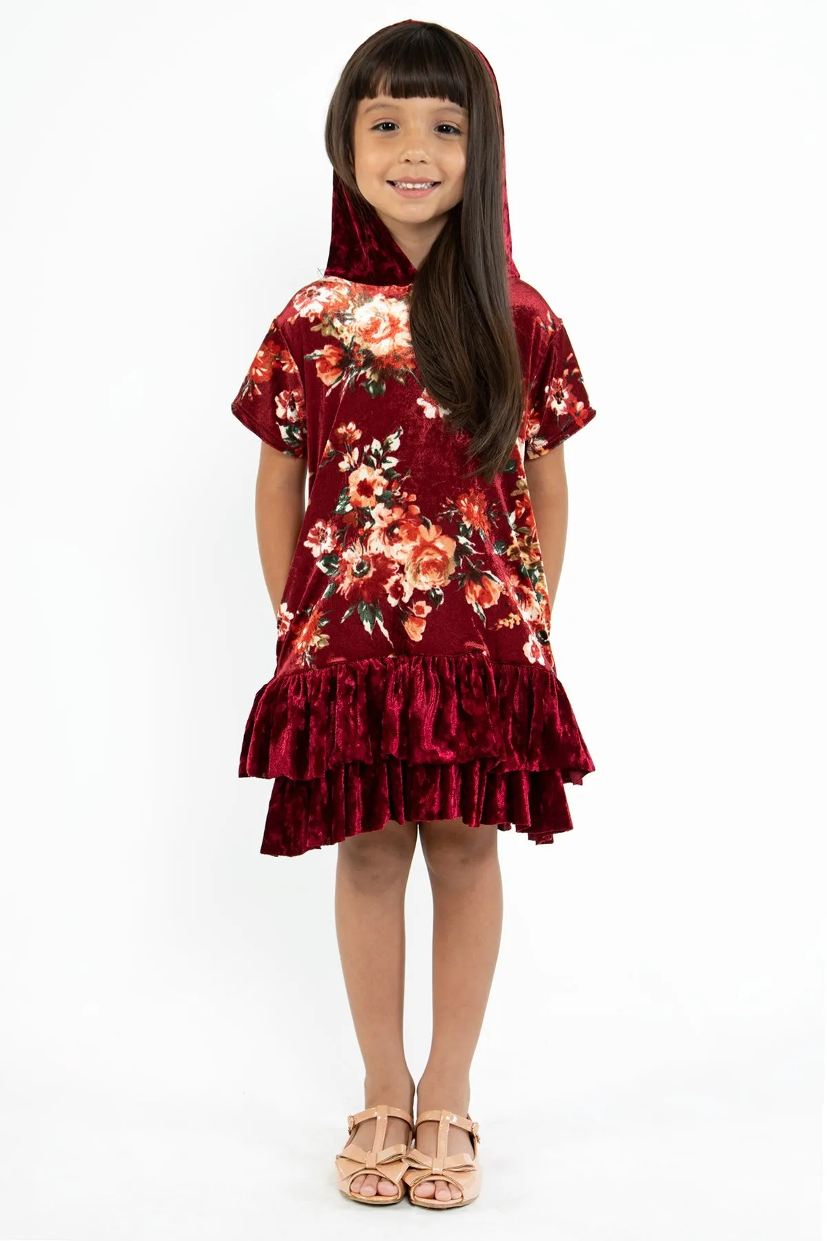 Floral Velvet Hoodie Ruffle Girls Dress