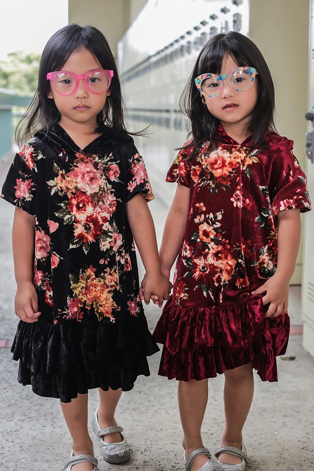 Floral Velvet Hoodie Ruffle Girls Dress