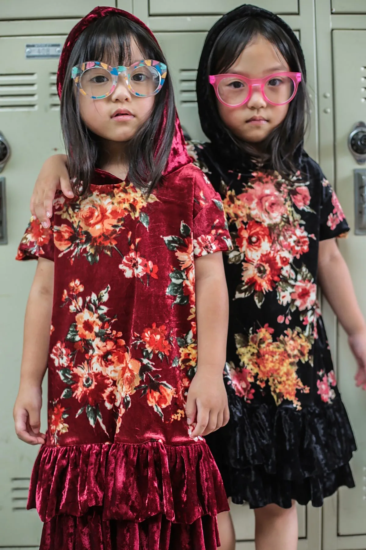 Floral Velvet Hoodie Ruffle Girls Dress