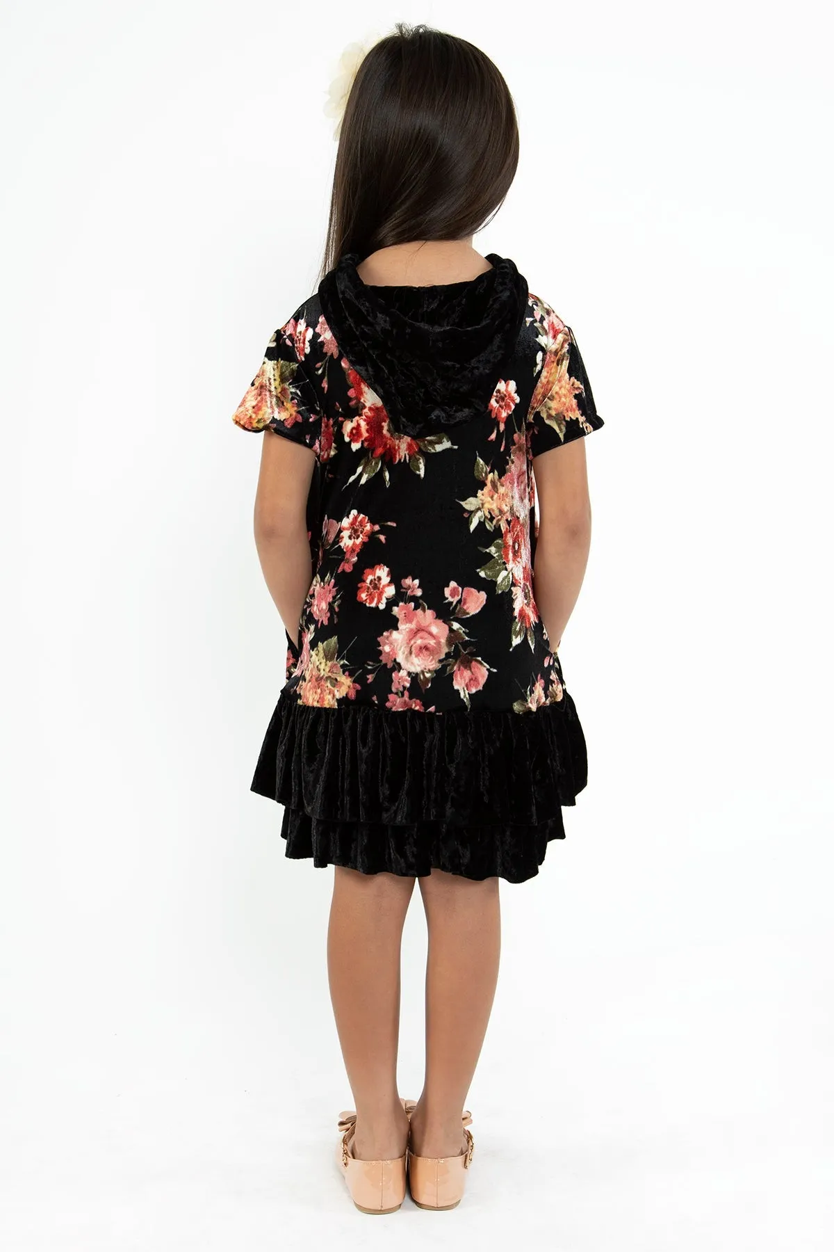 Floral Velvet Hoodie Ruffle Girls Dress