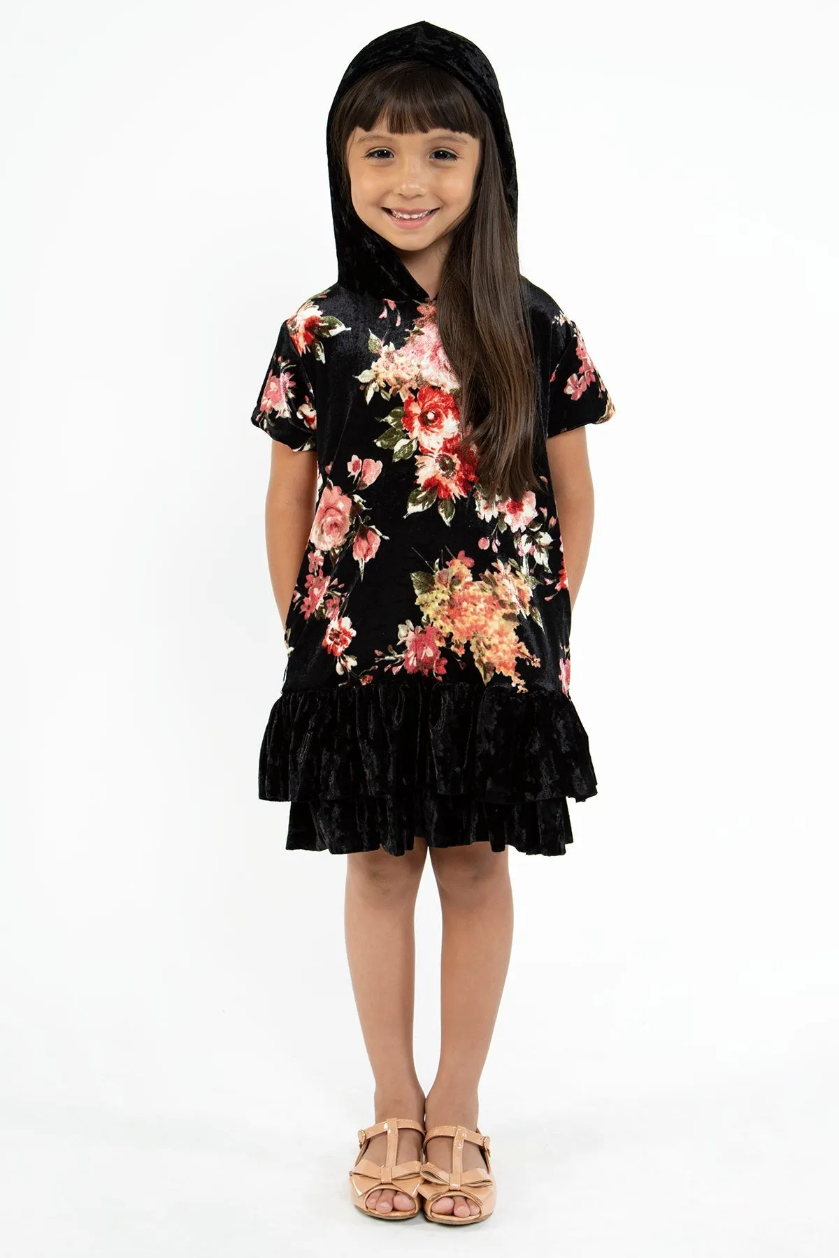 Floral Velvet Hoodie Ruffle Girls Dress