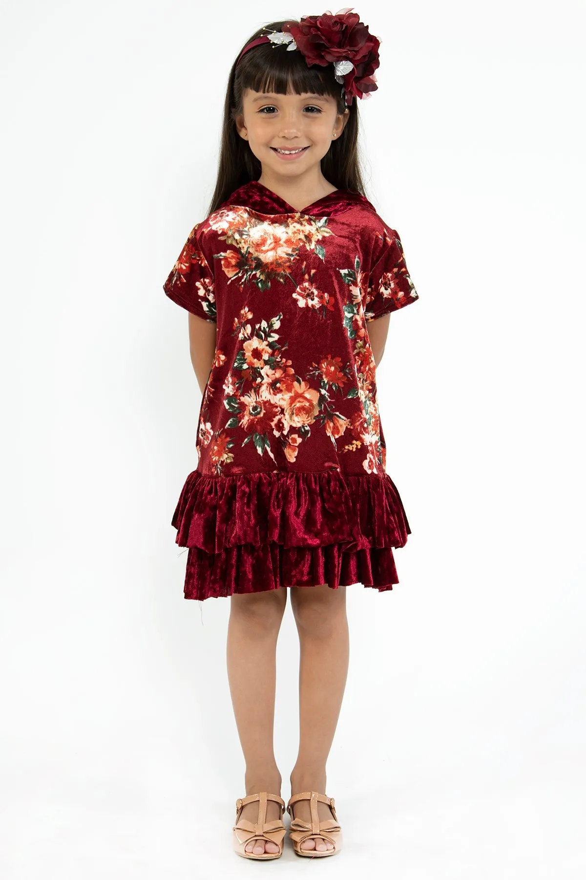 Floral Velvet Hoodie Ruffle Girls Dress