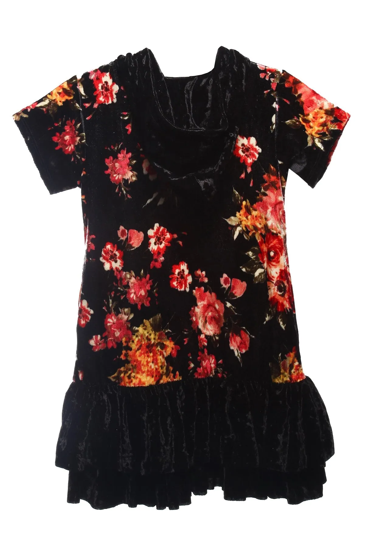 Floral Velvet Hoodie Ruffle Girls Dress