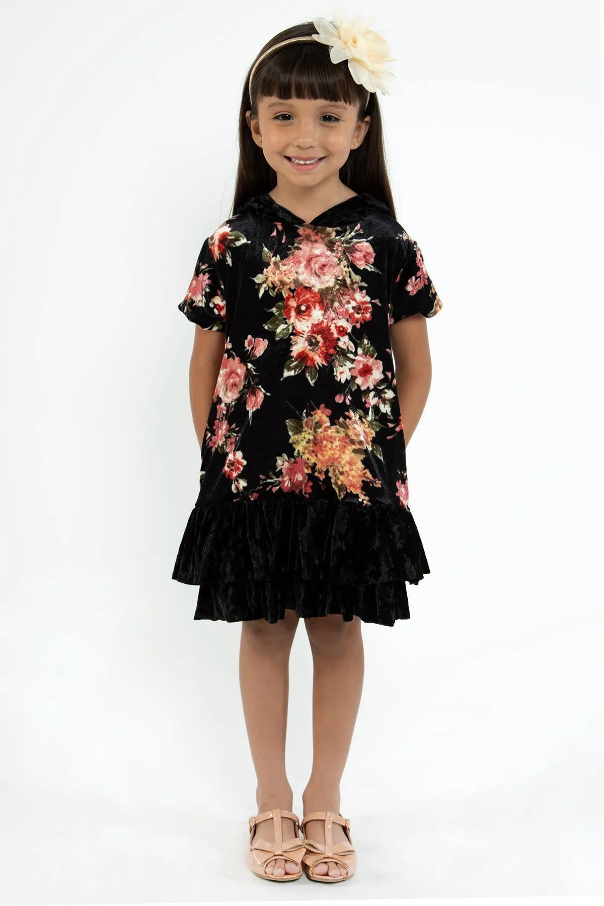 Floral Velvet Hoodie Ruffle Girls Dress