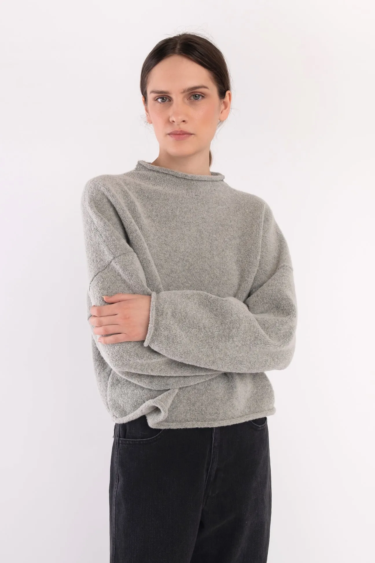 Heather Grey Boucle Rolled Sweater