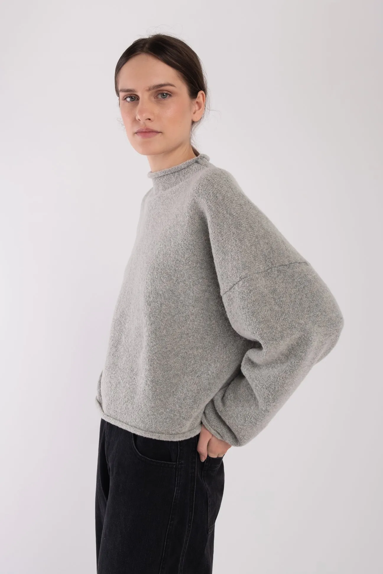 Heather Grey Boucle Rolled Sweater