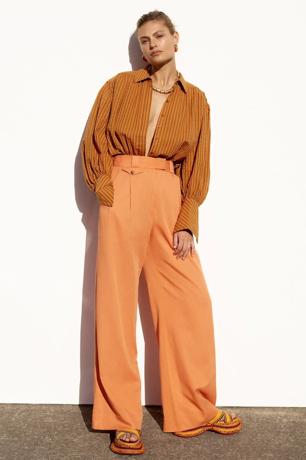 HELE BALLOON SLEEVE SHIRT - PAPAYA/WALNUT