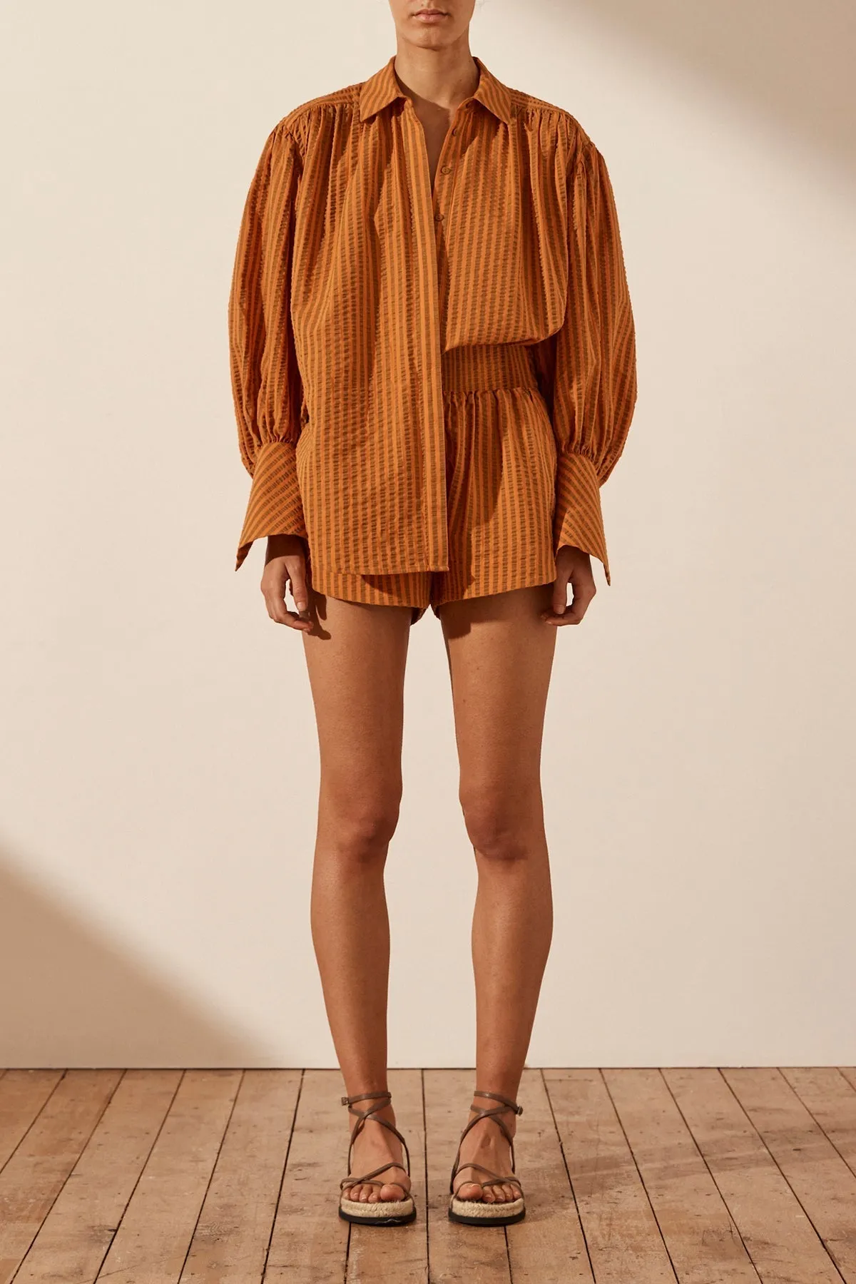 HELE BALLOON SLEEVE SHIRT - PAPAYA/WALNUT