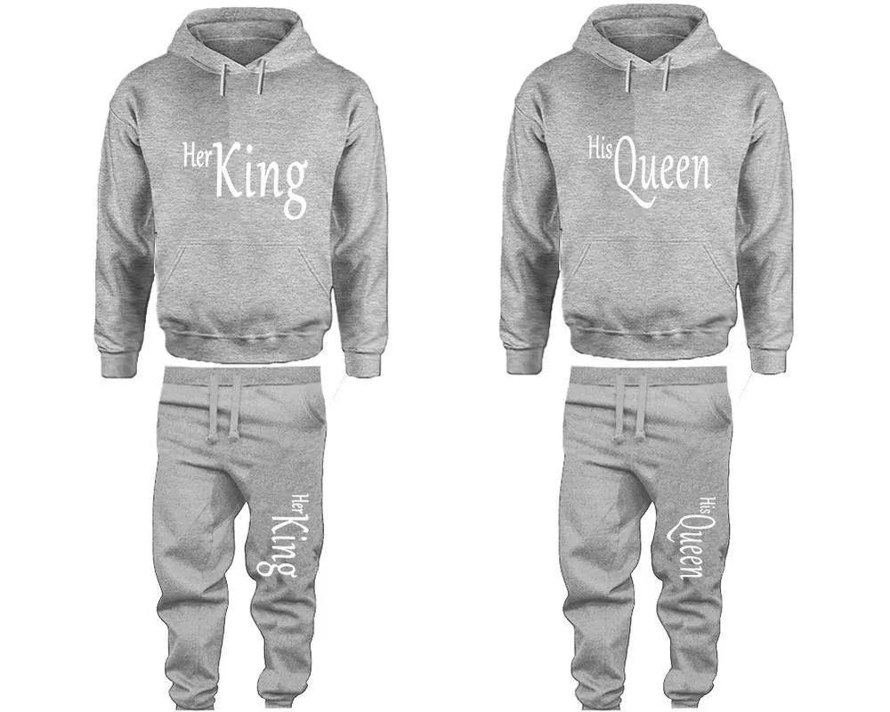 Her King His Queen Couple Pullover Hoodie and Jogger Pants, Matching Top Bottom Sets