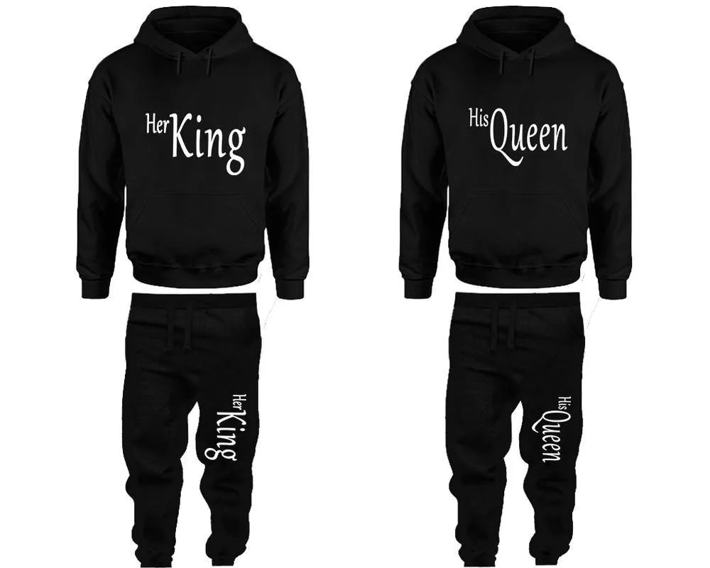 Her King His Queen Couple Pullover Hoodie and Jogger Pants, Matching Top Bottom Sets