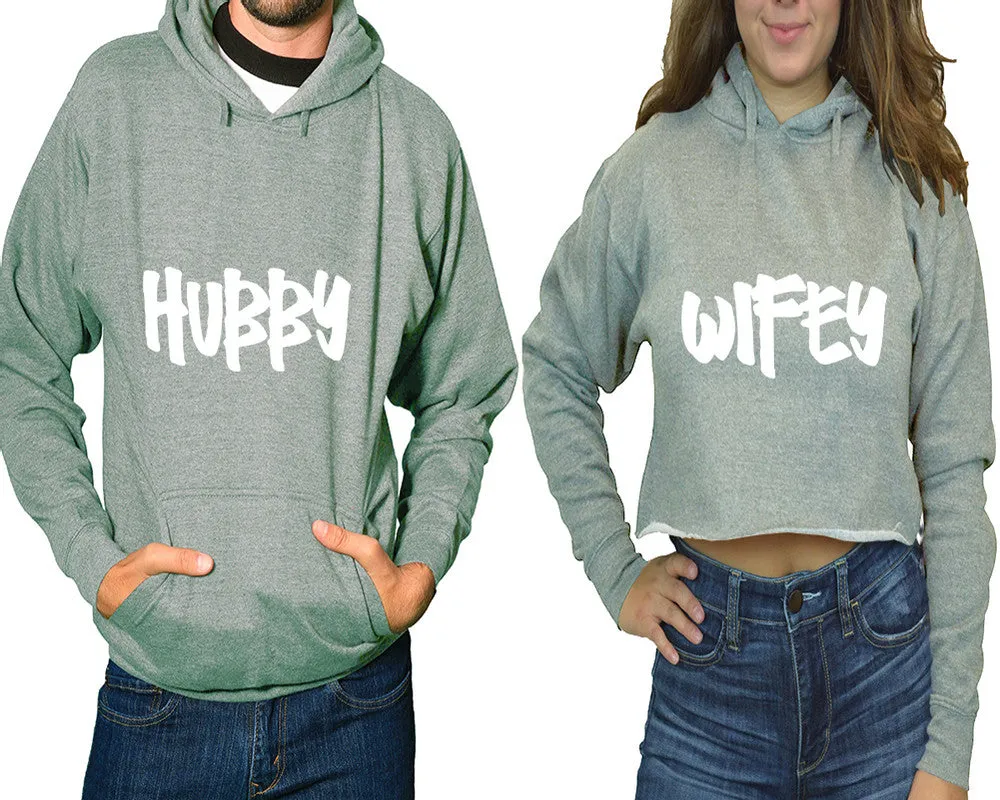 Hubby Wifey Couple Matching Pullover Hoodie for Man, Crop Top Hoodie for Woman