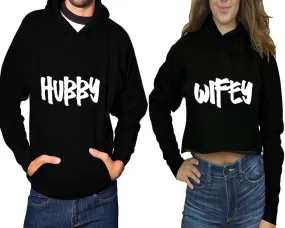 Hubby Wifey Couple Matching Pullover Hoodie for Man, Crop Top Hoodie for Woman