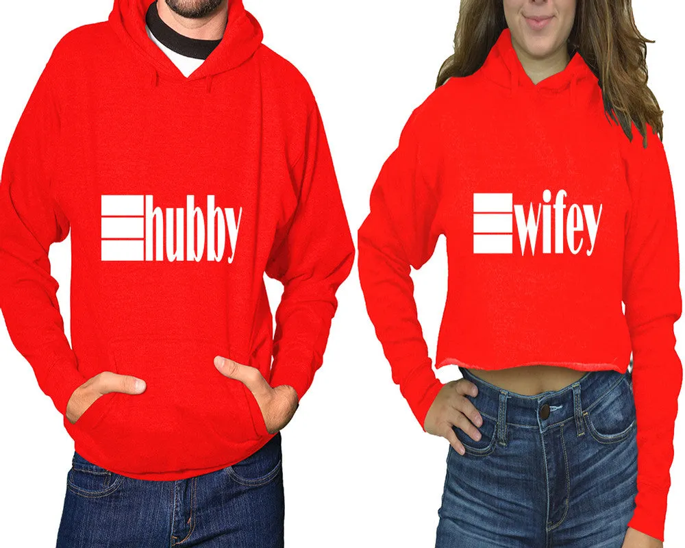 Hubby Wifey Couple Matching Pullover Hoodie for Man, Crop Top Hoodie for Woman