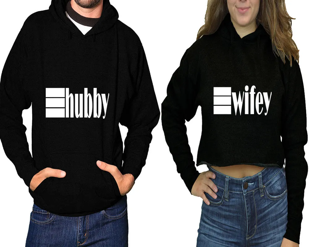 Hubby Wifey Couple Matching Pullover Hoodie for Man, Crop Top Hoodie for Woman