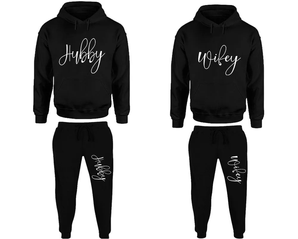 Hubby Wifey Couple Matching Pullover Hoodies and Jogger Pants Top & Bottom Sets