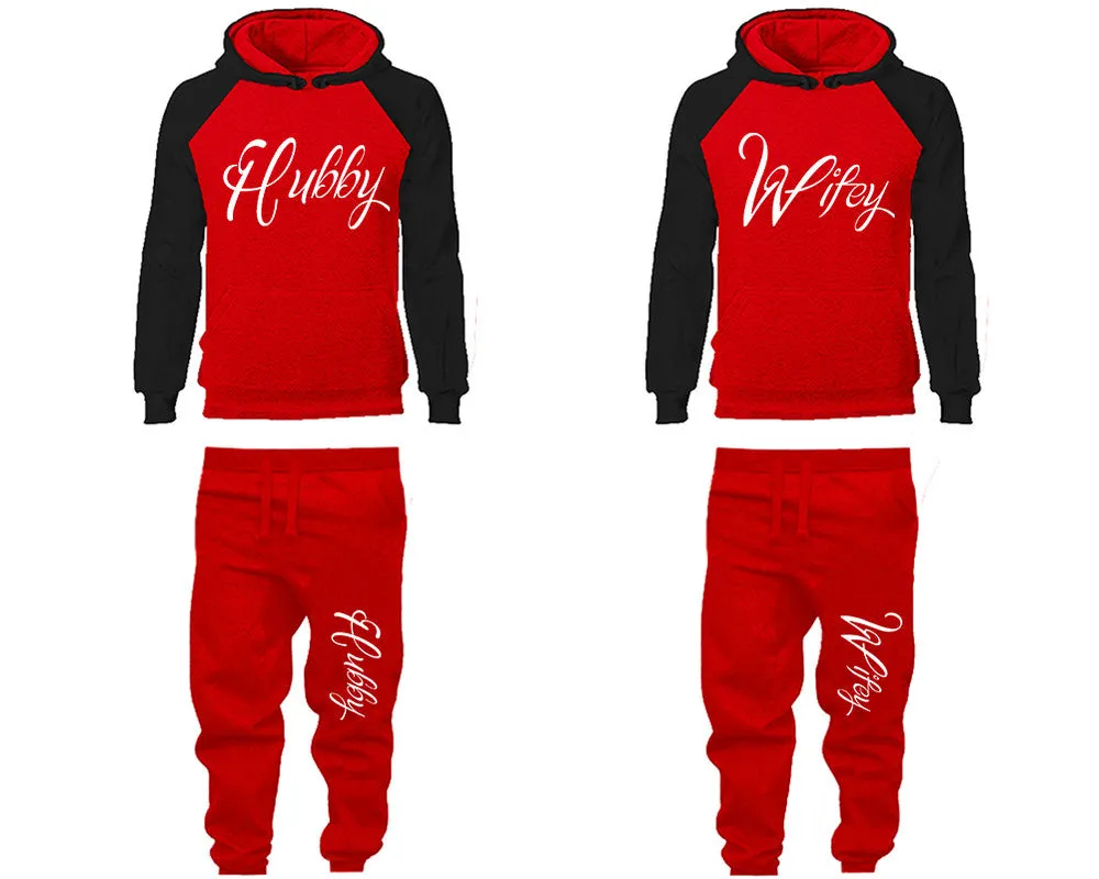 Hubby Wifey Couple Matching Raglan Hoodies and Jogger Pants Top & Bottom Sets