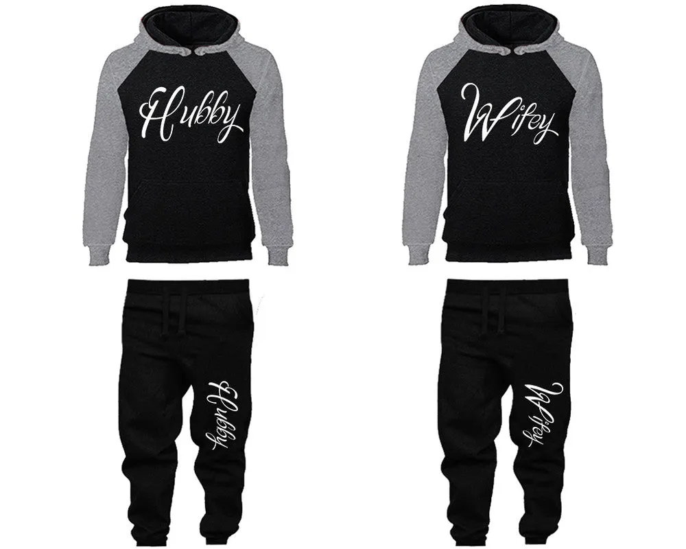 Hubby Wifey Couple Matching Raglan Hoodies and Jogger Pants Top & Bottom Sets