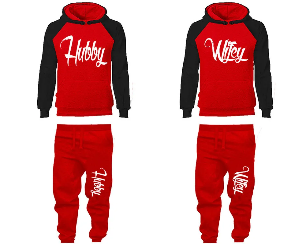 Hubby Wifey Couple Matching Raglan Hoodies and Jogger Pants Top & Bottom Sets